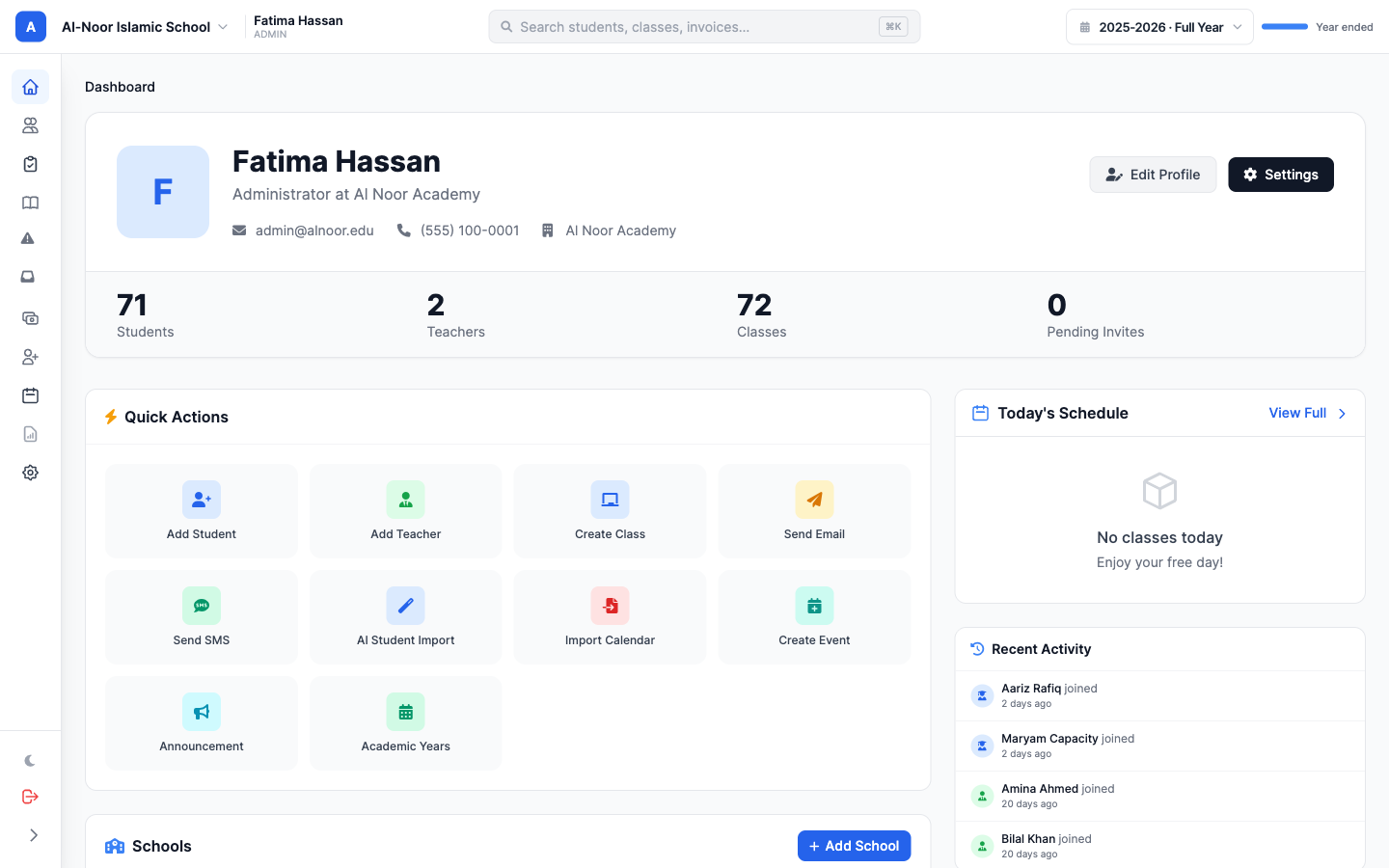 MarkTrack admin dashboard showing attendance, grading, billing, Hifz, and enrollment in one place