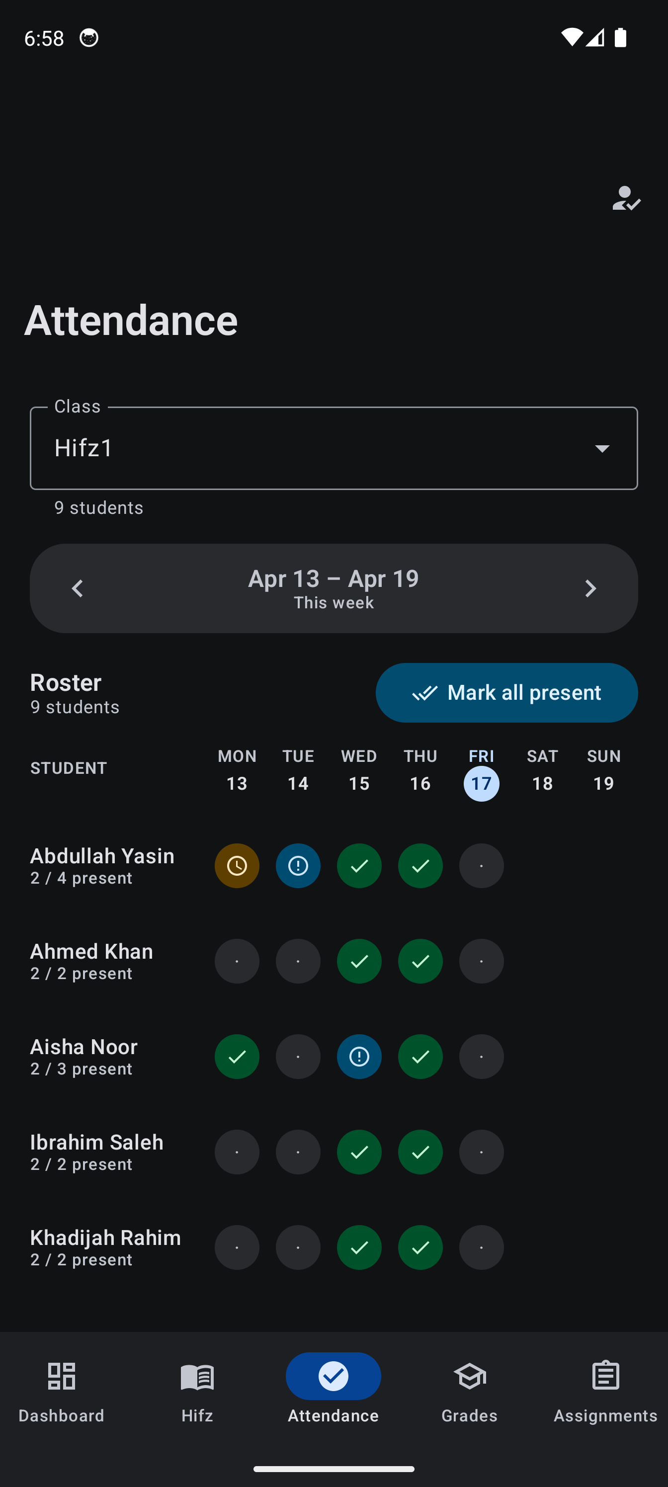 The MarkTrack Android app attendance screen in dark mode: the same Hifz class week grid with status circles and Mark all present, in a full dark theme