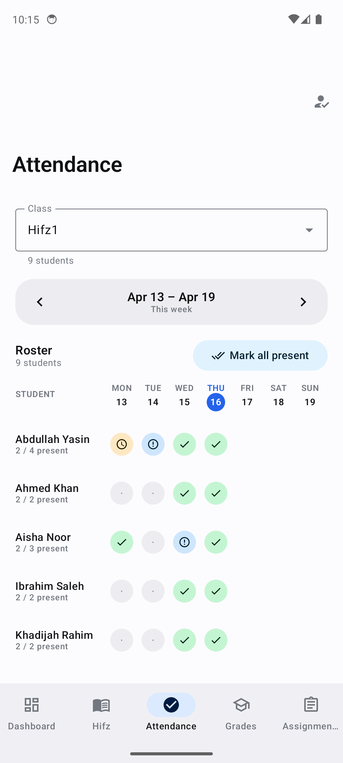 The MarkTrack Android app attendance screen in light mode: a Hifz class week grid with colored status circles per student and a Mark all present button