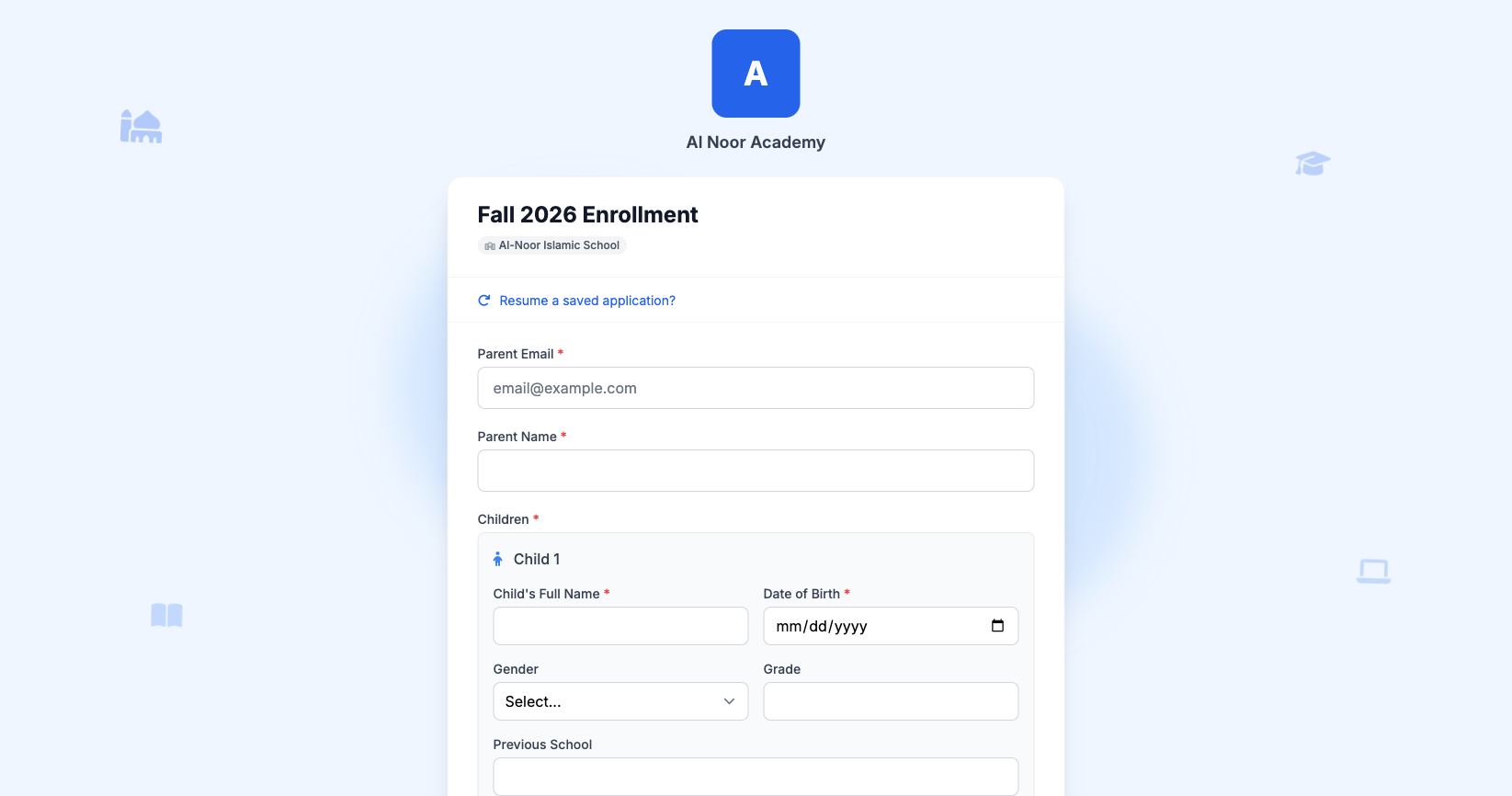 Public enrollment form with parent and child fields