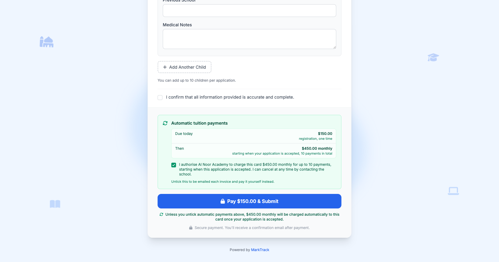 Enrollment form checkout with an automatic tuition payments checkbox the parent can clear