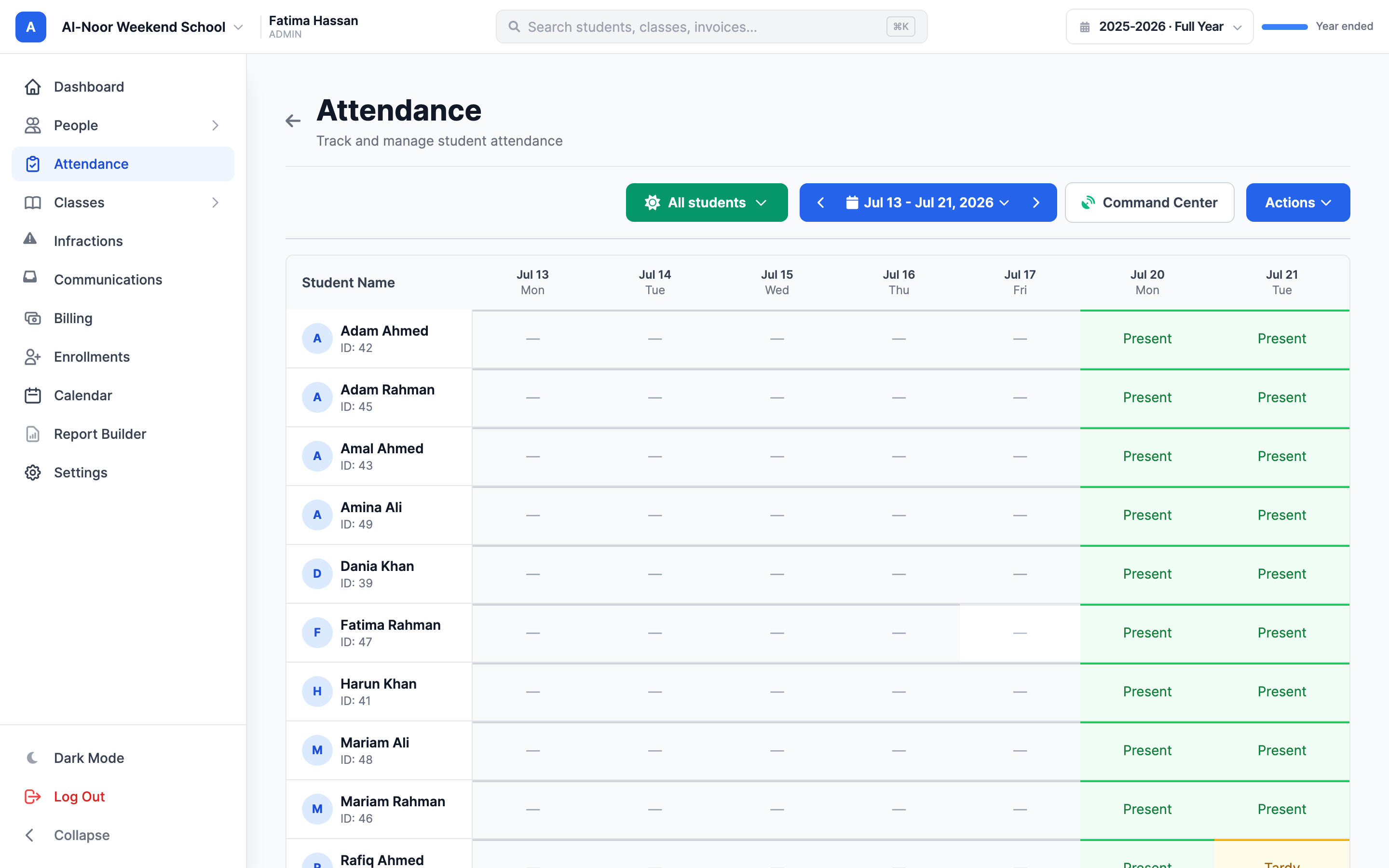The whole-school daily attendance grid for Al-Noor Weekend School: an All students picker instead of a class picker, a week of July 2026 across the top, one row per student, and green Present marks (with one amber Tardy) filled in for July 20 and 21.