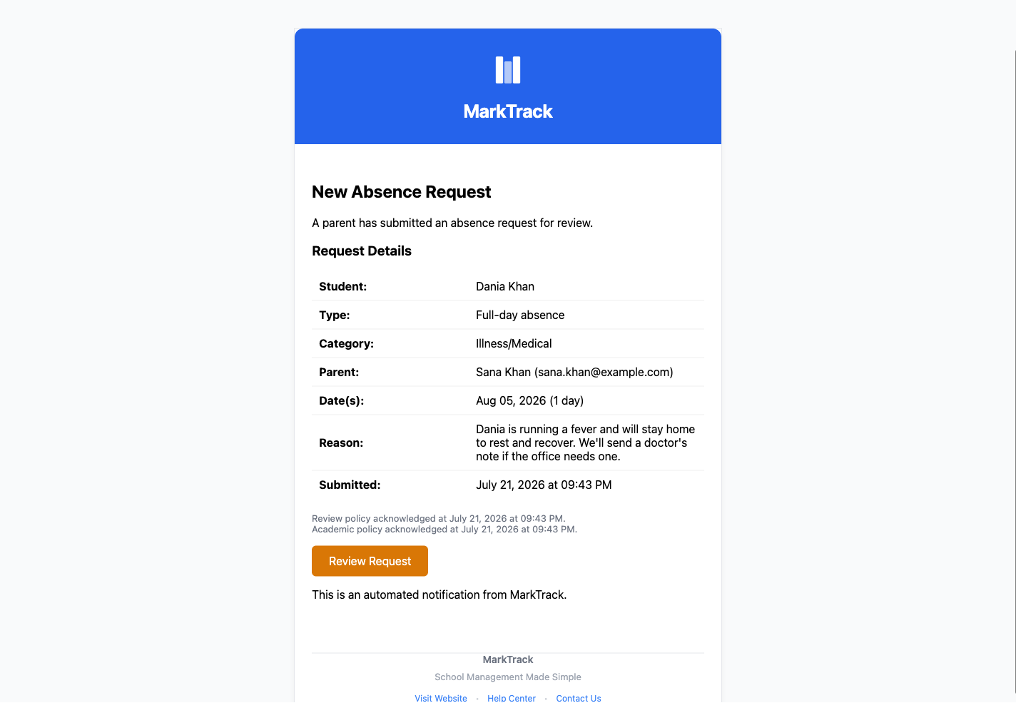 The New Absence Request email sent to admins, showing the request details including the parent's name and the submission time, both acknowledgment timestamps, and a prominent amber Review Request button.