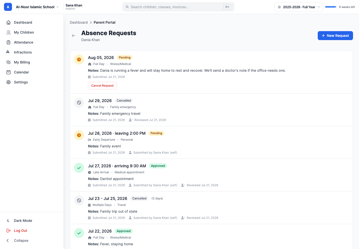 A parent's absence-request list for Dania Khan, each row showing the date, an absence-type icon, the reason, who submitted it, and a status chip — a new Pending full-day request at the top, followed by Cancelled, Pending, and Approved requests.