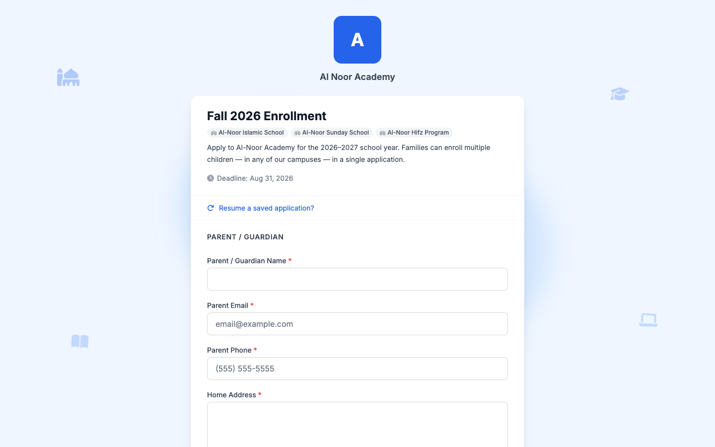 The public Fall 2026 Enrollment form a parent sees, branded for Al Noor Academy