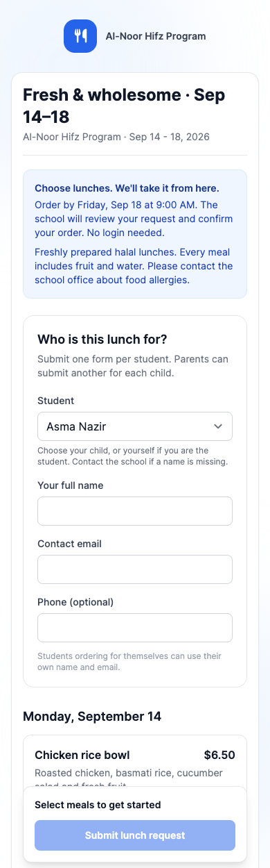 Public lunch form on a phone with the school's student dropdown and meal choices