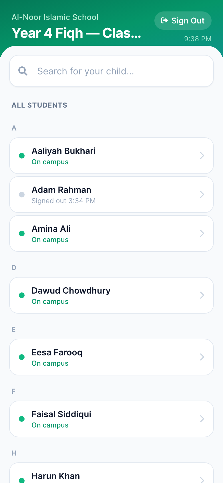 The parent scan page opened from a class-scoped station titled 'Year 4 Fiqh — Classroom Door', showing a short alphabetical roster of only that class's students, each with a live 'On campus' or 'Signed out' status.