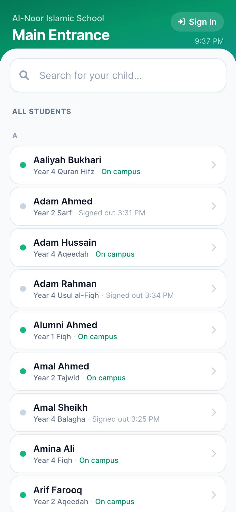 The parent-facing scan page on a phone: a green header reading Al-Noor Islamic School / Carpool Line with a Sign Out pill and the current time, a 'Search for your child...' box, and an alphabetical list of students each showing a green dot with 'On campus' or a grey dot with 'Signed out 3:34 PM'.