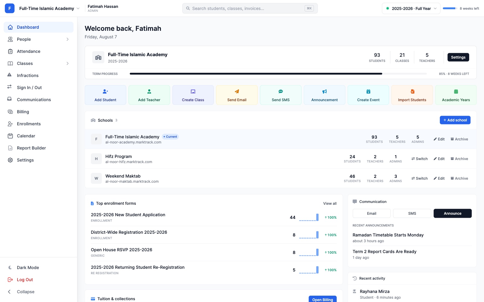 MarkTrack admin dashboard