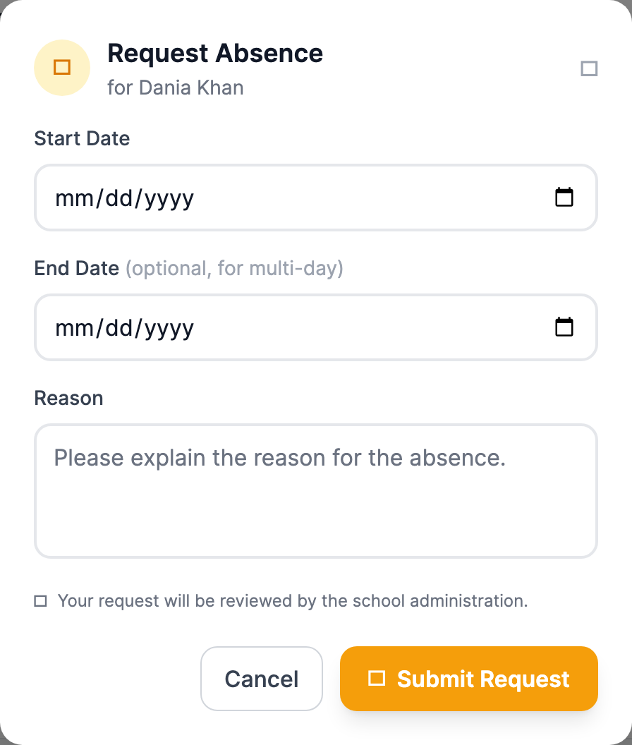 The parent Request Absence modal showing a Start Date field, an optional End Date field labeled for multi-day, and a Reason text box, with a Submit Request button.