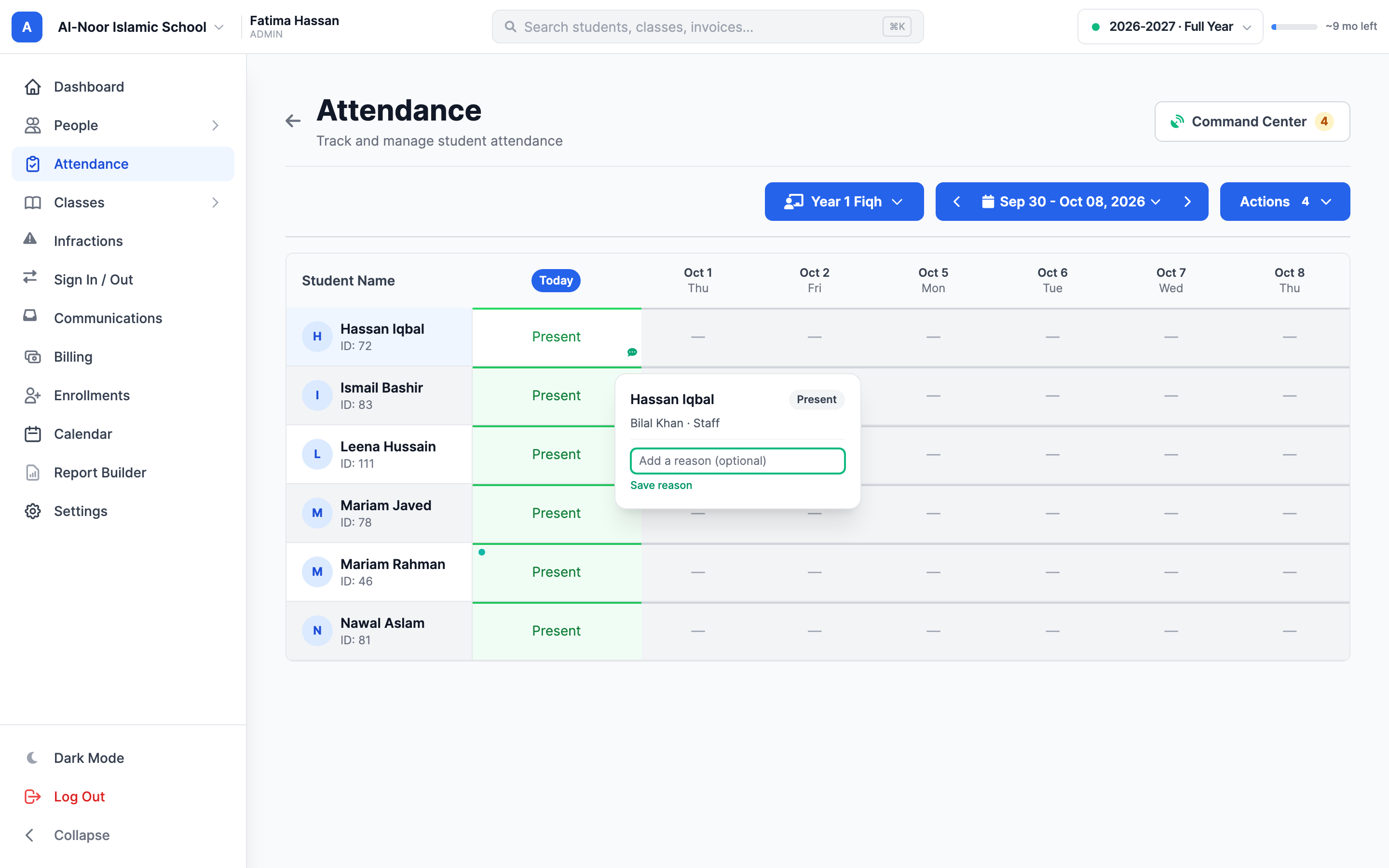 An attendance cell’s details showing its status, marker and optional reason field.