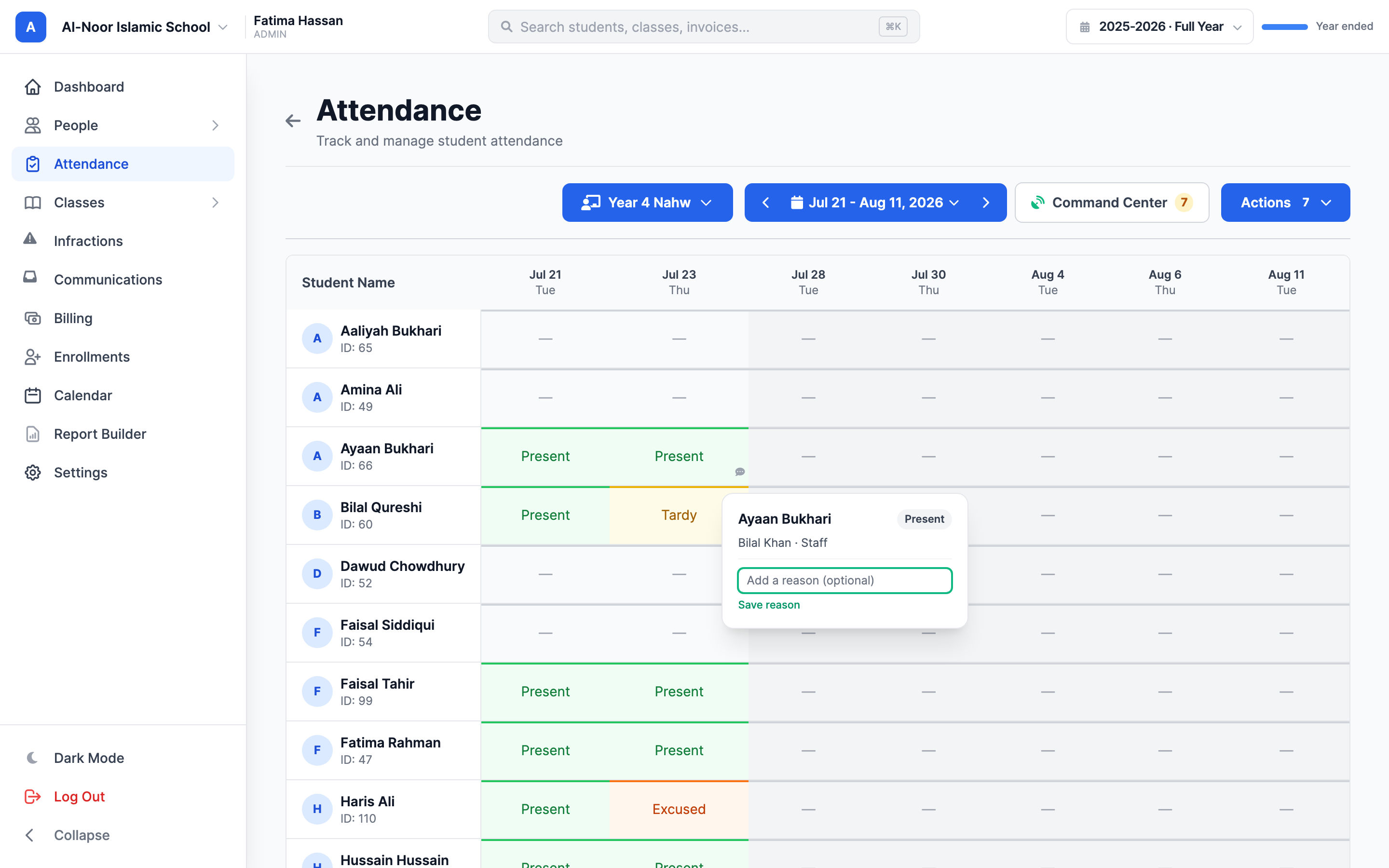 The attendance cell details popover open over a yellow Tardy cell, showing the student's name, a Tardy status pill, the marking teacher's name with the Staff role, an 'Add a reason (optional)' text field, and a Save reason link.