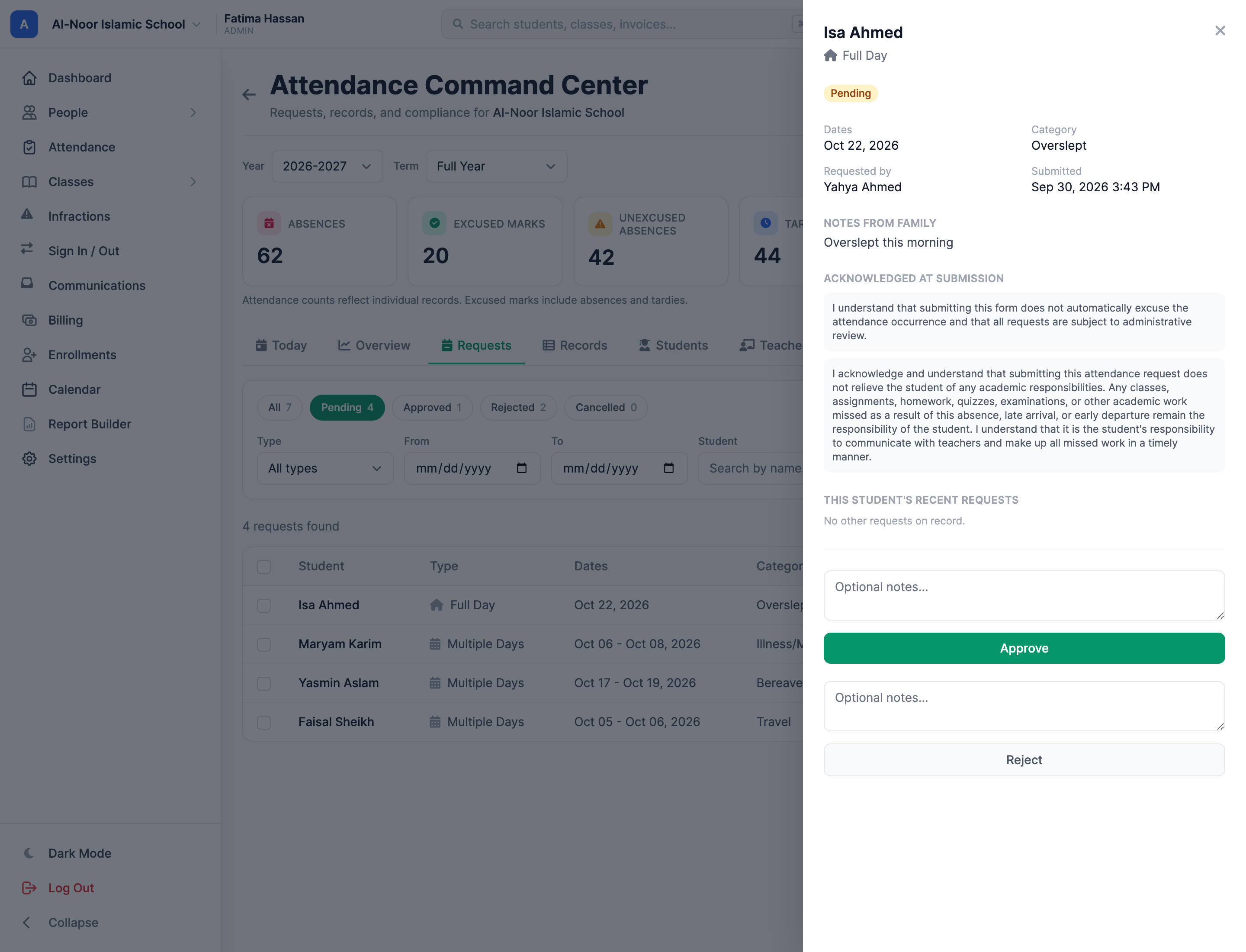 An absence request drawer with request details, policy acknowledgments and review controls.