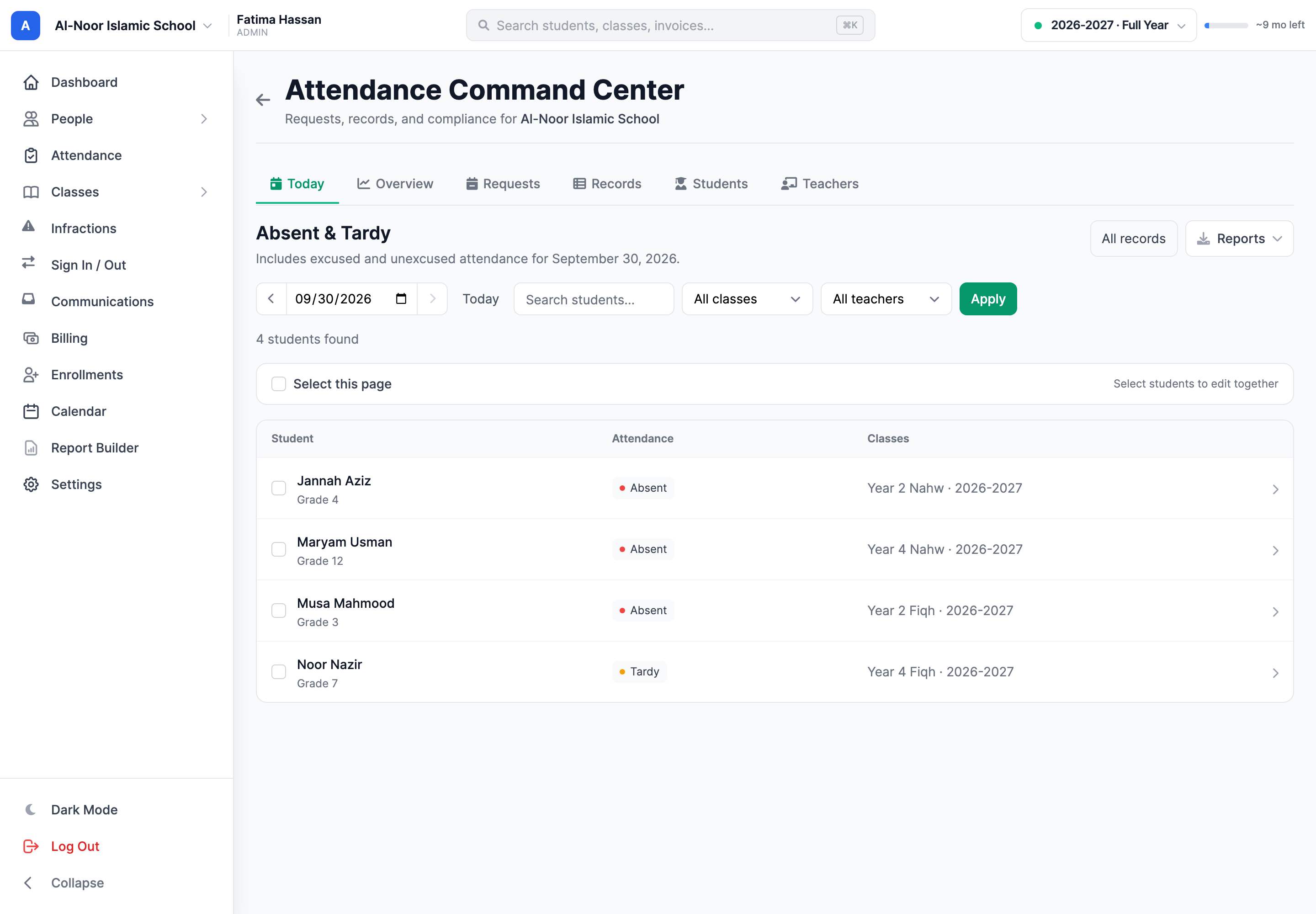 The Command Center Today tab with date controls, student filters and the day's attendance records.