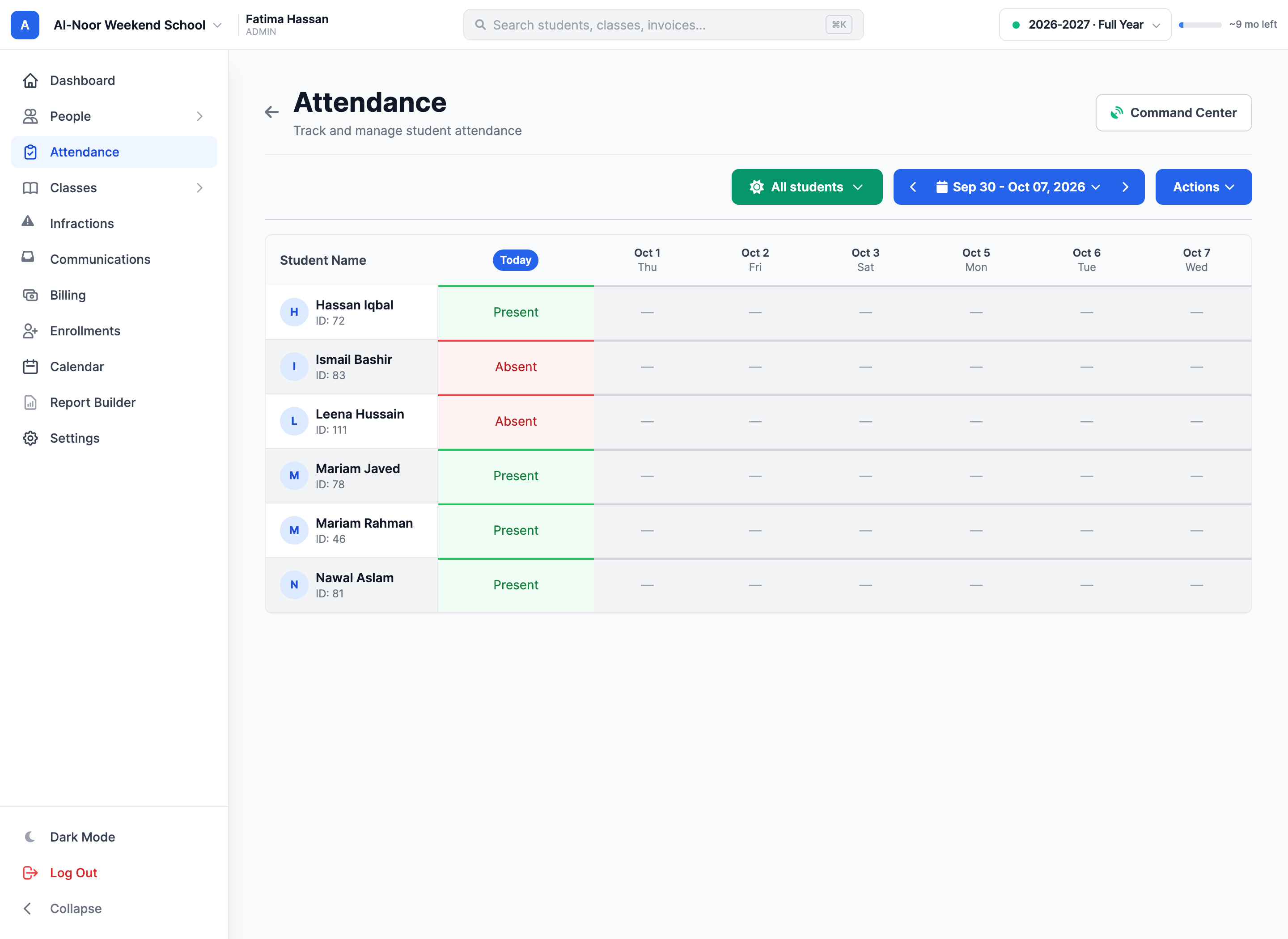 The whole-school attendance register in Daily mode, with student filters and a single mark per day.