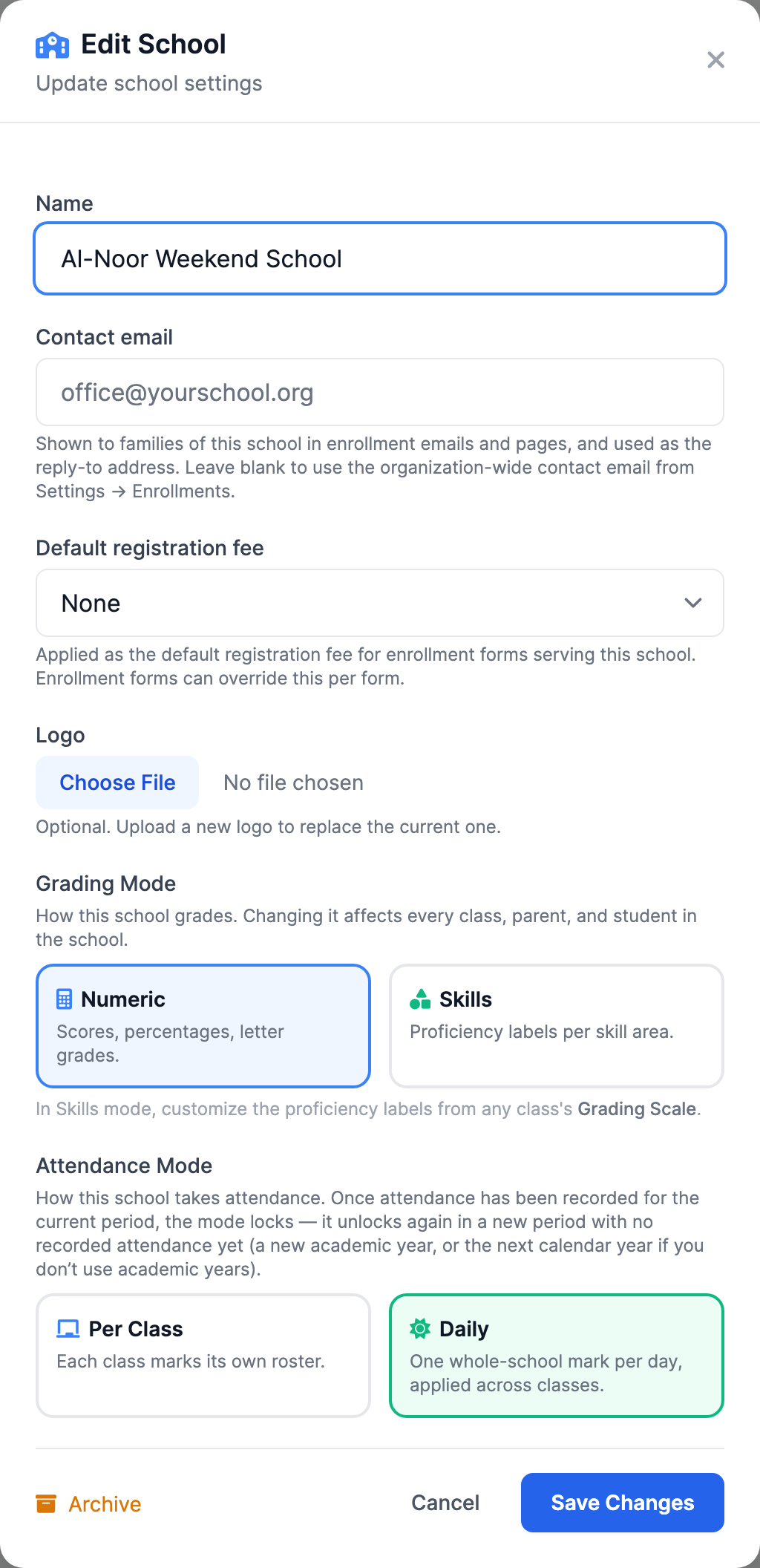 The Edit School dialog with Per Class and Daily attendance mode choices.
