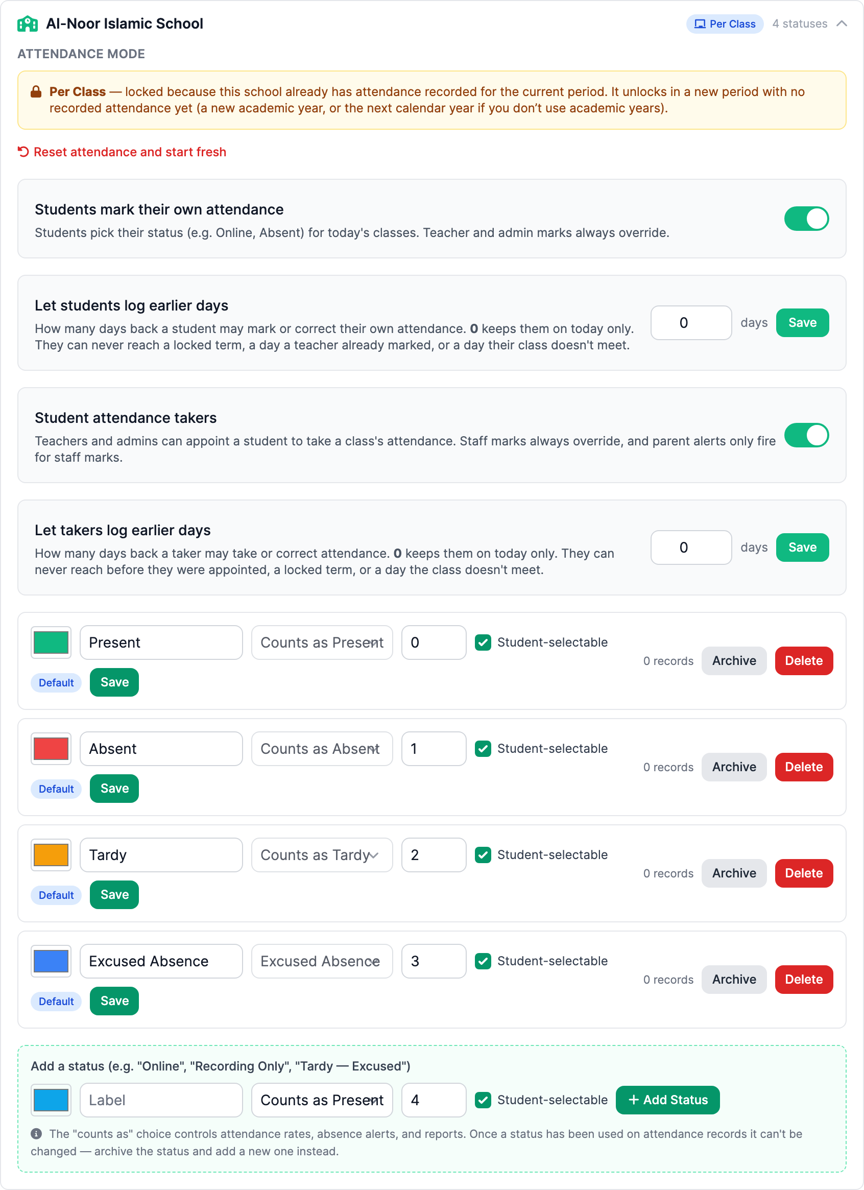 School Attendance Setup expanded to show attendance mode, student marking settings and the school status list.