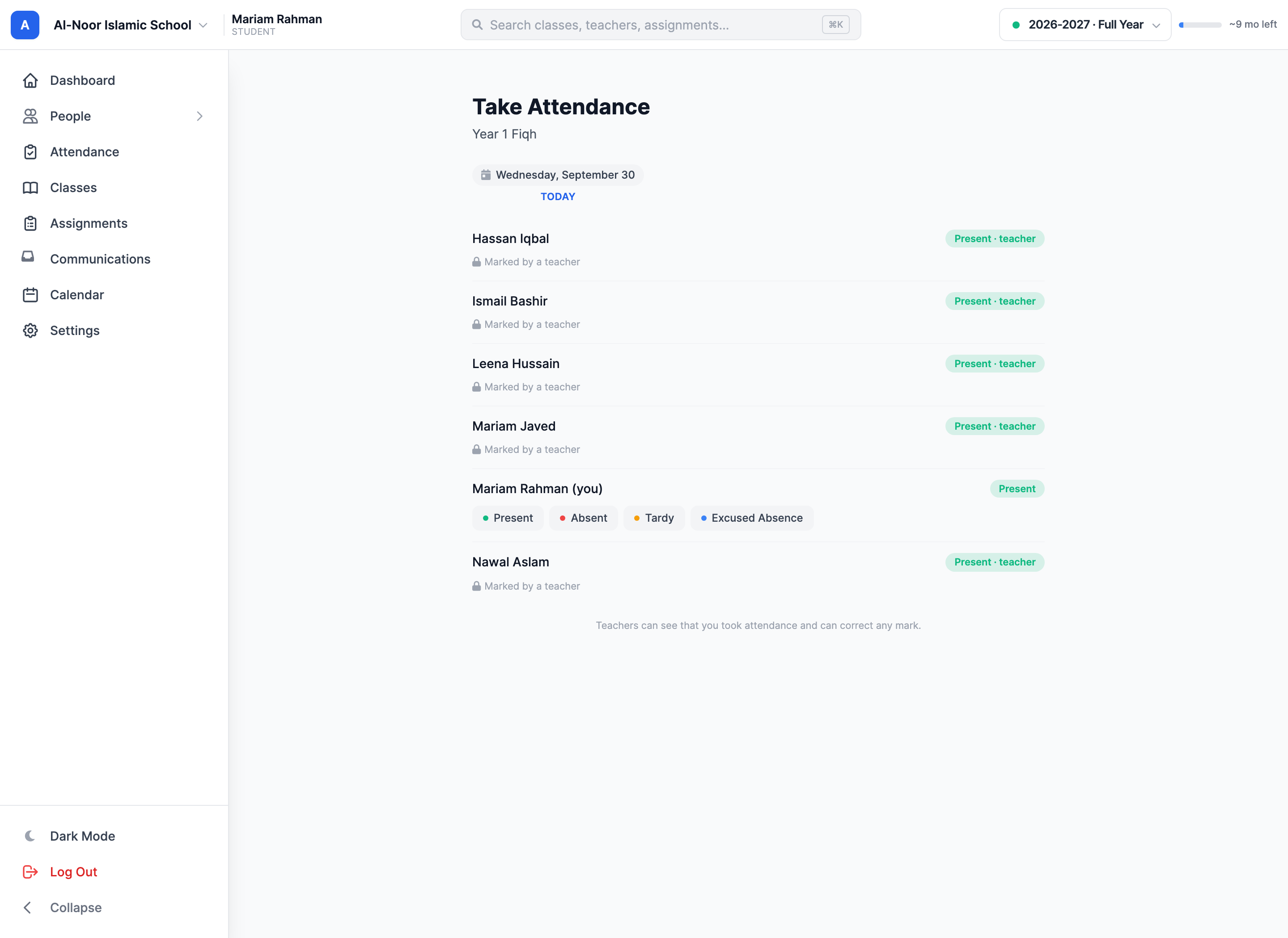 A student attendance taker’s class register with status controls for classmates and locked staff marks.