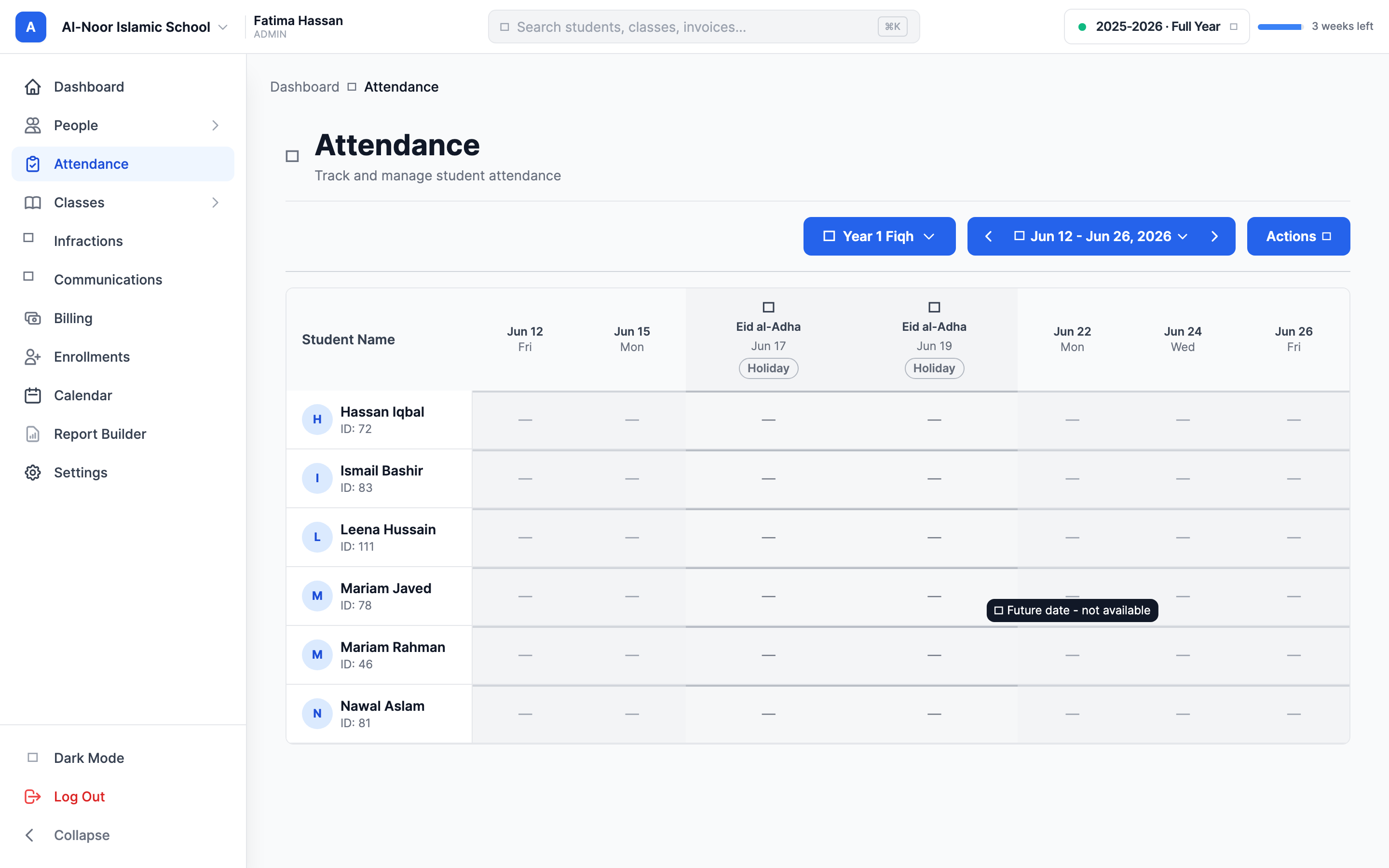 The Attendance page showing the class picker at the top and a grid of student rows and date columns, with green Present, red Absent, yellow Tardy, and orange Excused cells, plus gray dashes for unmarked days.