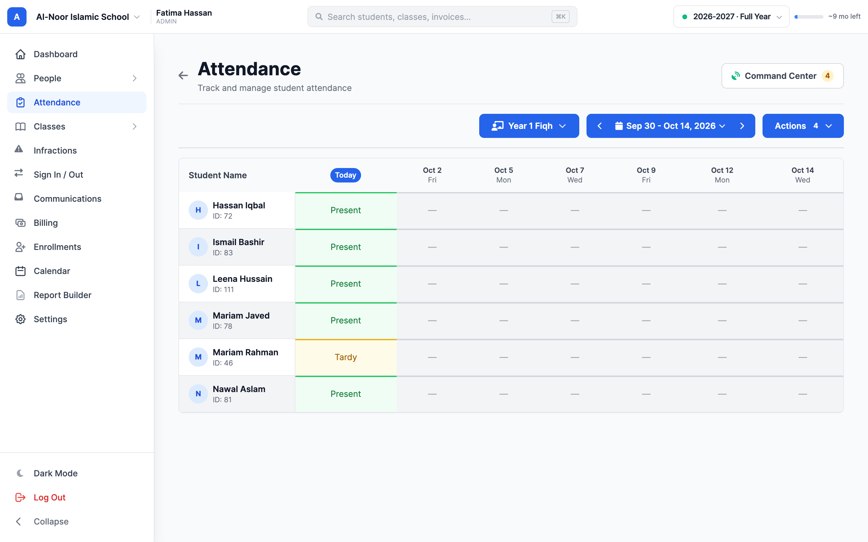A real class register, with students and their attendance history together.
