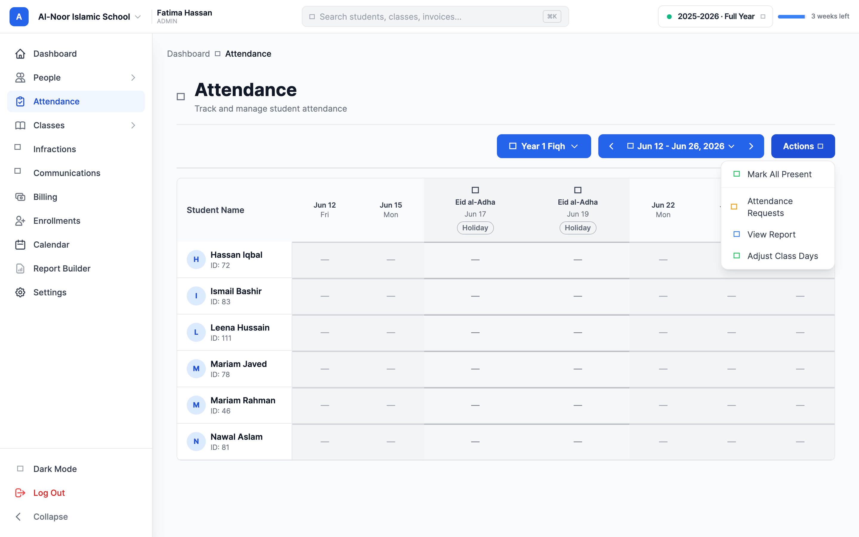 The Actions dropdown on the Attendance page, open to show Mark All Present, Attendance Requests with a pending-count badge, View Report, and Adjust Class Days.
