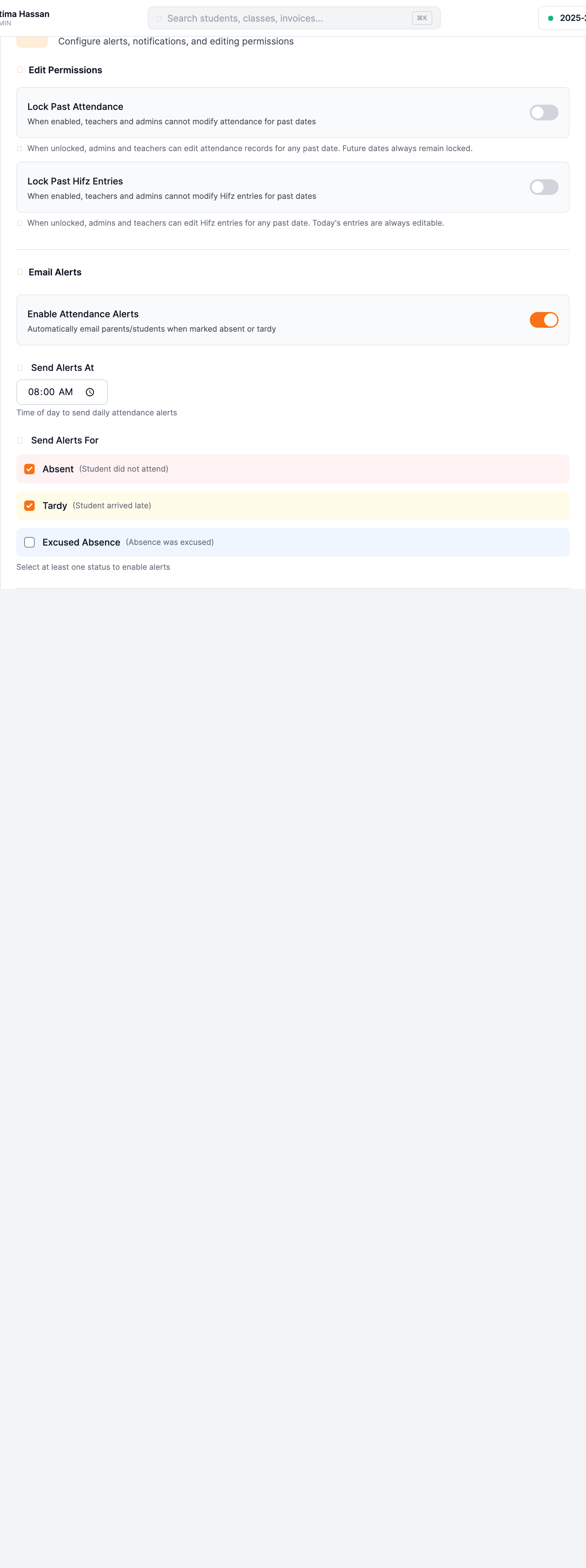 The Edit Permissions section of the Attendance tab in Settings, showing the Lock Past Attendance toggle with its helper text and the separate Lock Past Hifz Entries toggle below it.