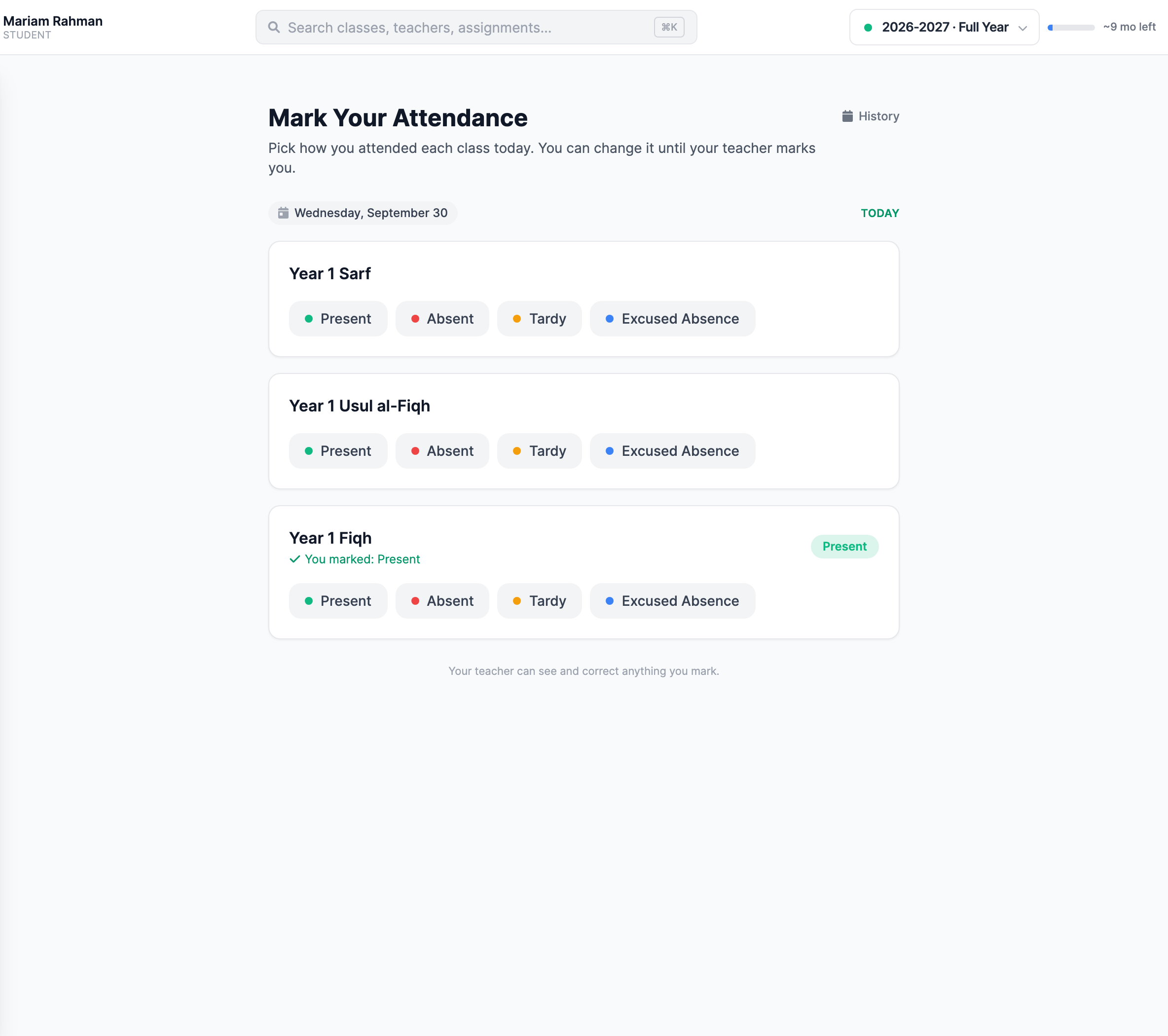 The student self-marking page with the selected day, class attendance choices and teacher-marked classes that cannot be changed.