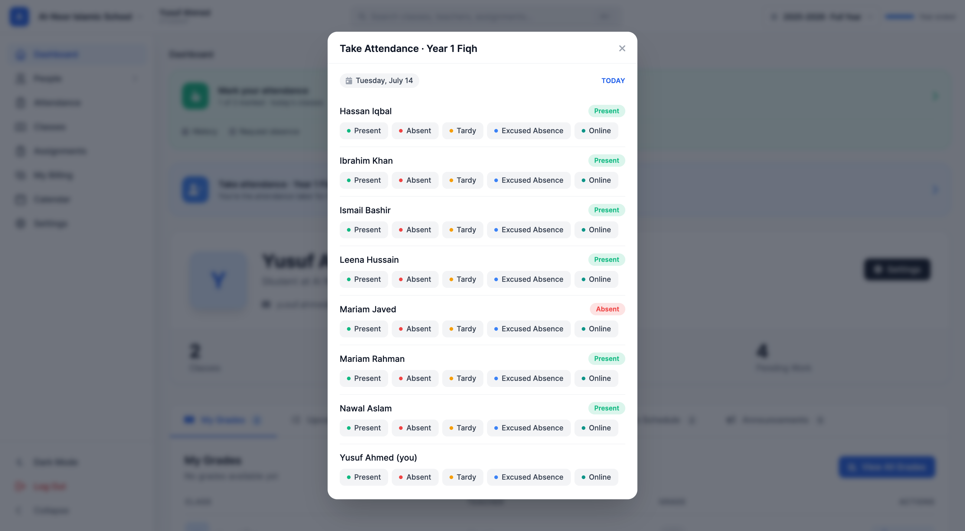A student attendance taker's Take Attendance modal for a class, showing classmates with status buttons, teacher-marked students locked, and the taker's own row flagged 'you'.