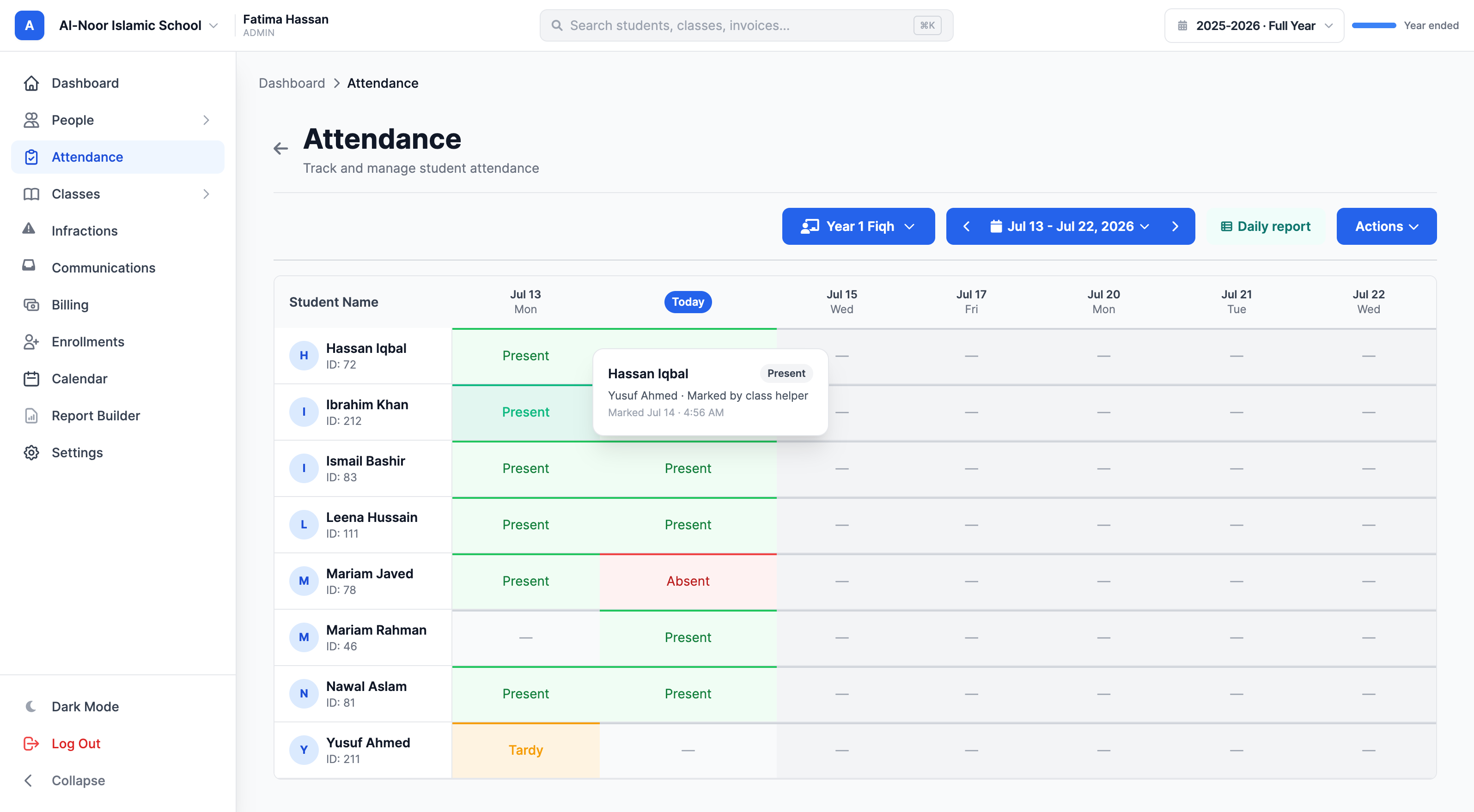 The attendance grid with a who-took popover open, showing 'Marked by class helper' with the student's name and the exact time.