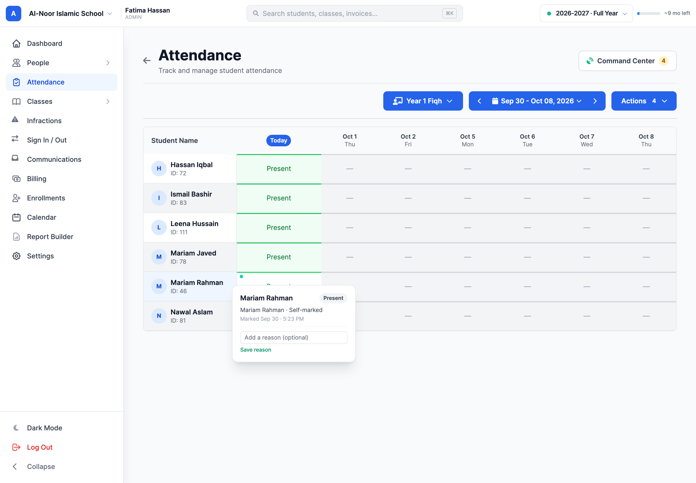 An attendance cell details popover showing its status, who marked it and when.