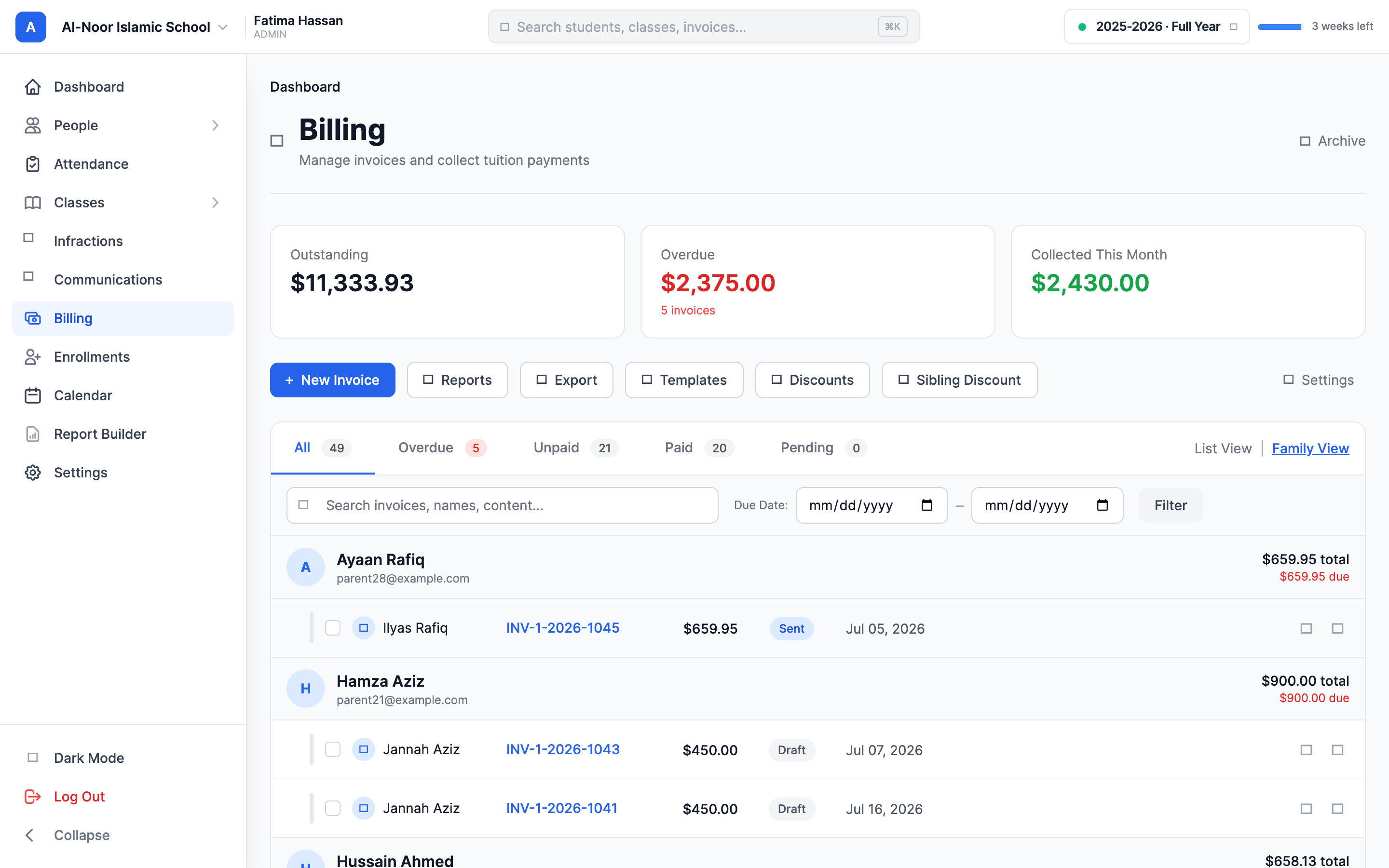 The Billing page for a school, showing the Outstanding, Overdue, and Collected This Month stat cards, the New Invoice, Reports, Export, Templates, Discounts, Sibling Discount, and Settings buttons, and the invoice list with All, Overdue, Unpaid, Paid, and Pending tabs.