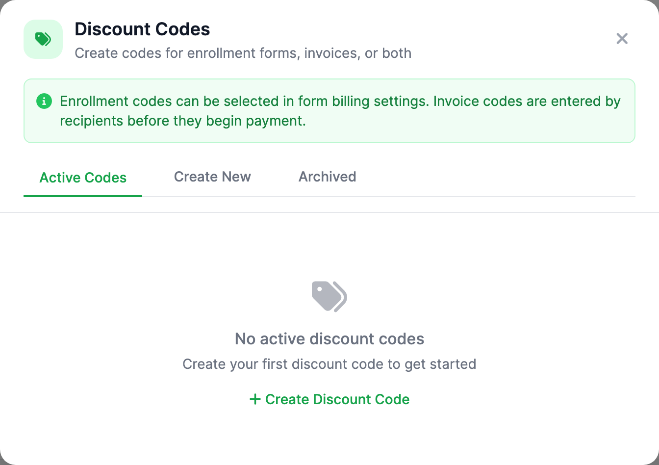 The Discount Codes panel open over the Billing page, showing the green tags icon header, an info banner explaining enrollment and invoice codes, and the Active Codes, Create New, and Archived tabs.