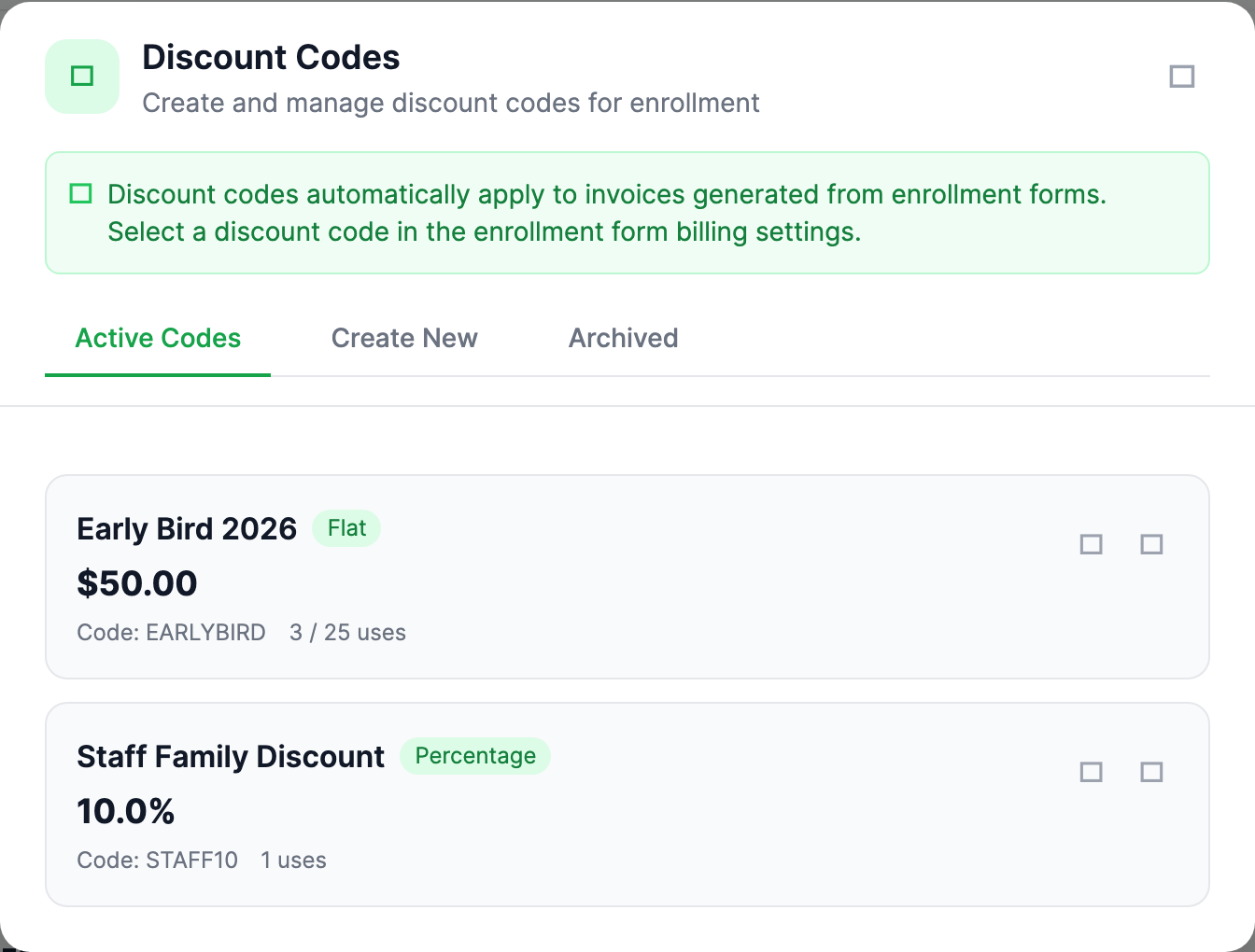 The Discount Codes panel open over the Billing page, showing the green tags icon header, a green info banner explaining codes apply to enrollment-form invoices, and the Active Codes, Create New, and Archived tabs.
