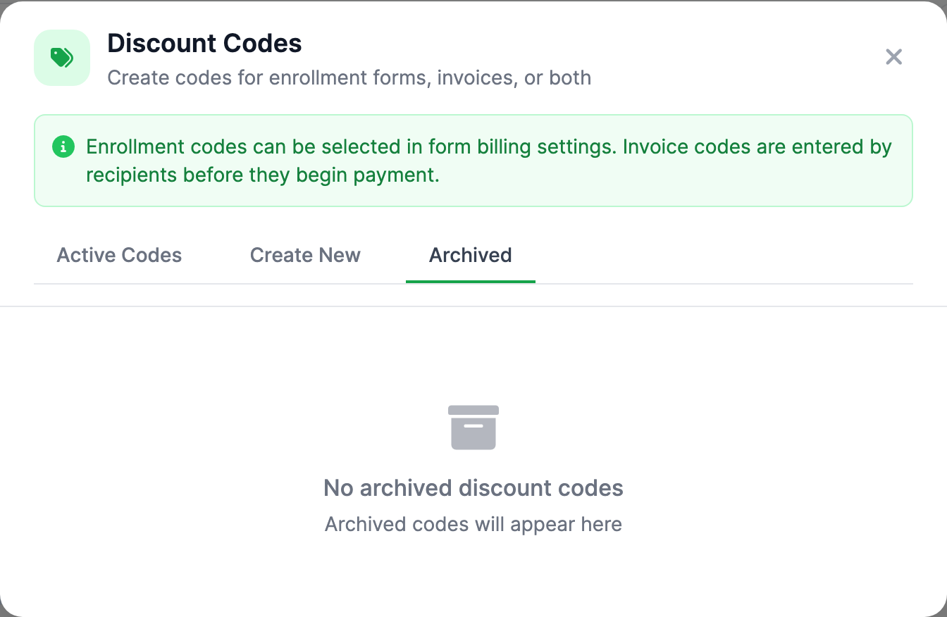The Archived tab of the Discount Codes panel showing dimmed code cards with a gray Archived badge, each with a restore (undo) button and a delete (trash) button.