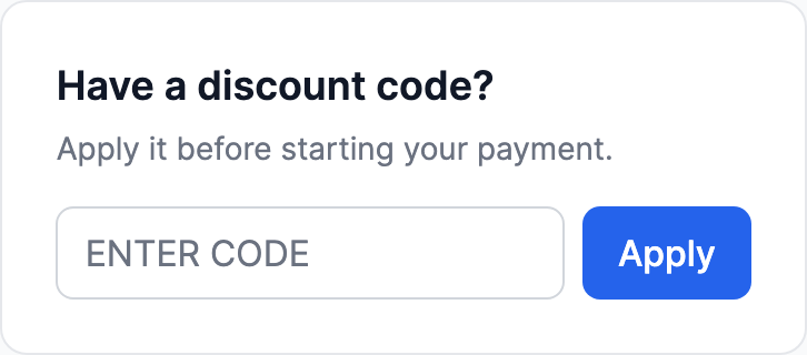 A recipient invoice detail page showing the Have a discount code card with an Enter code field and Apply button beside the invoice summary.