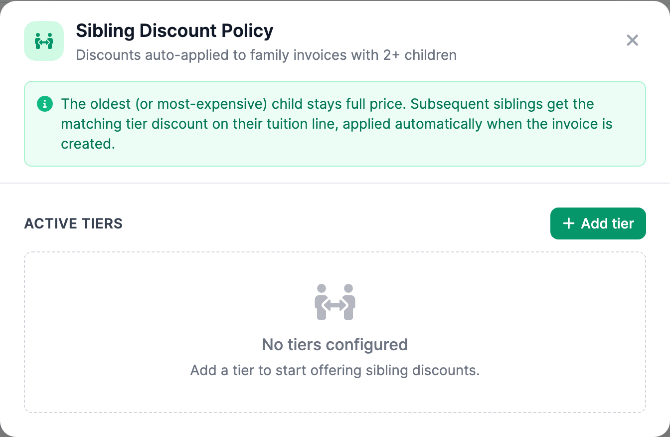 The Sibling Discount Policy panel open over the Billing page, showing the emerald people-arrows header, an info banner explaining the oldest or most-expensive child stays full price while later siblings get a tier discount, an Active Tiers heading, and an Add tier button.