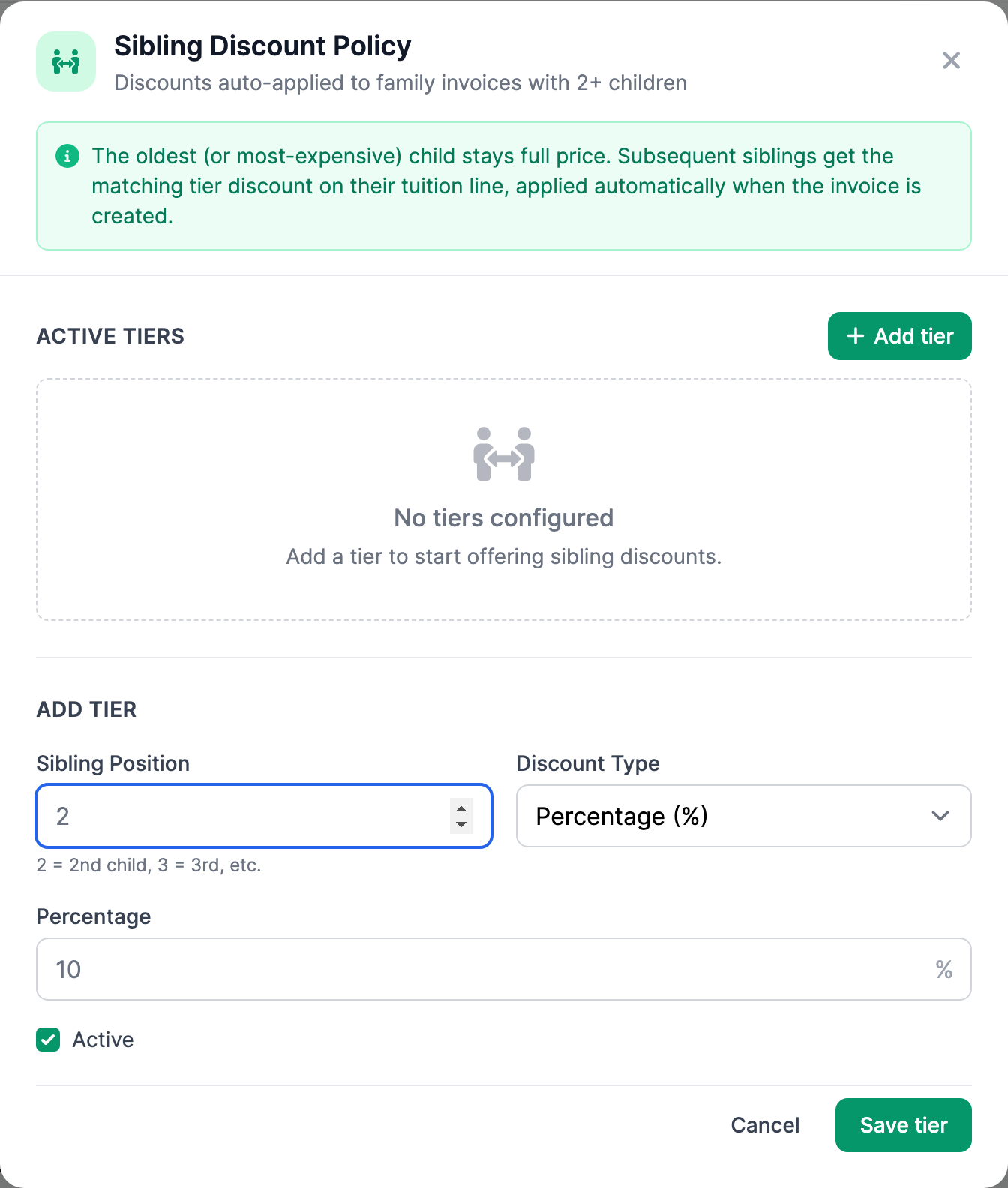 The Add Tier form inside the Sibling Discount Policy panel showing the Sibling Position number field with a hint that 2 equals 2nd child, a Discount Type dropdown set to Percentage, a percentage input, an Active checkbox, and the green Save tier button.