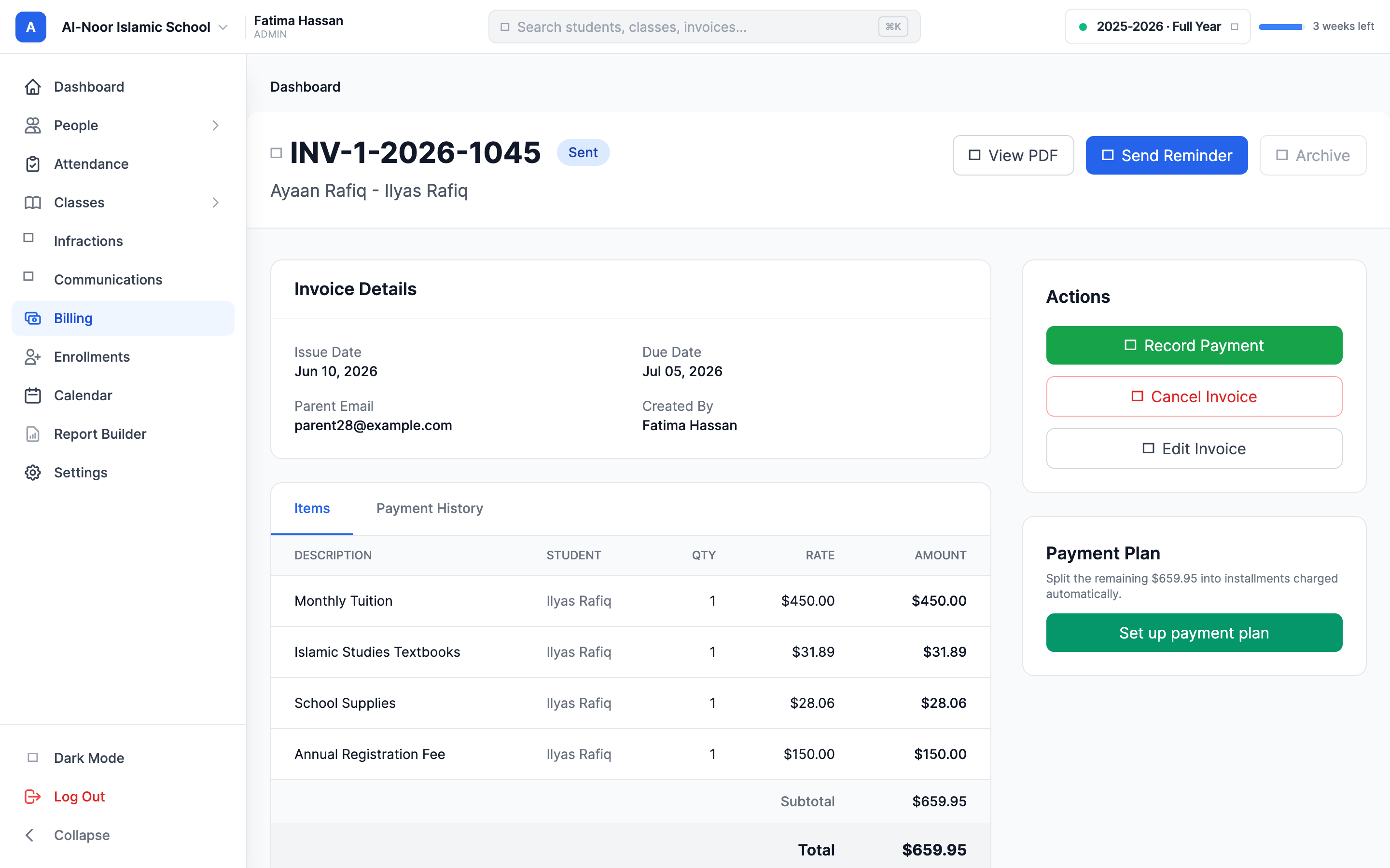 An invoice detail page showing the invoice header with amount and status, the Invoice Details and line items in the middle, and the Actions panel on the right with the green Record Payment button, a Cancel Invoice button, and an Edit Invoice button.