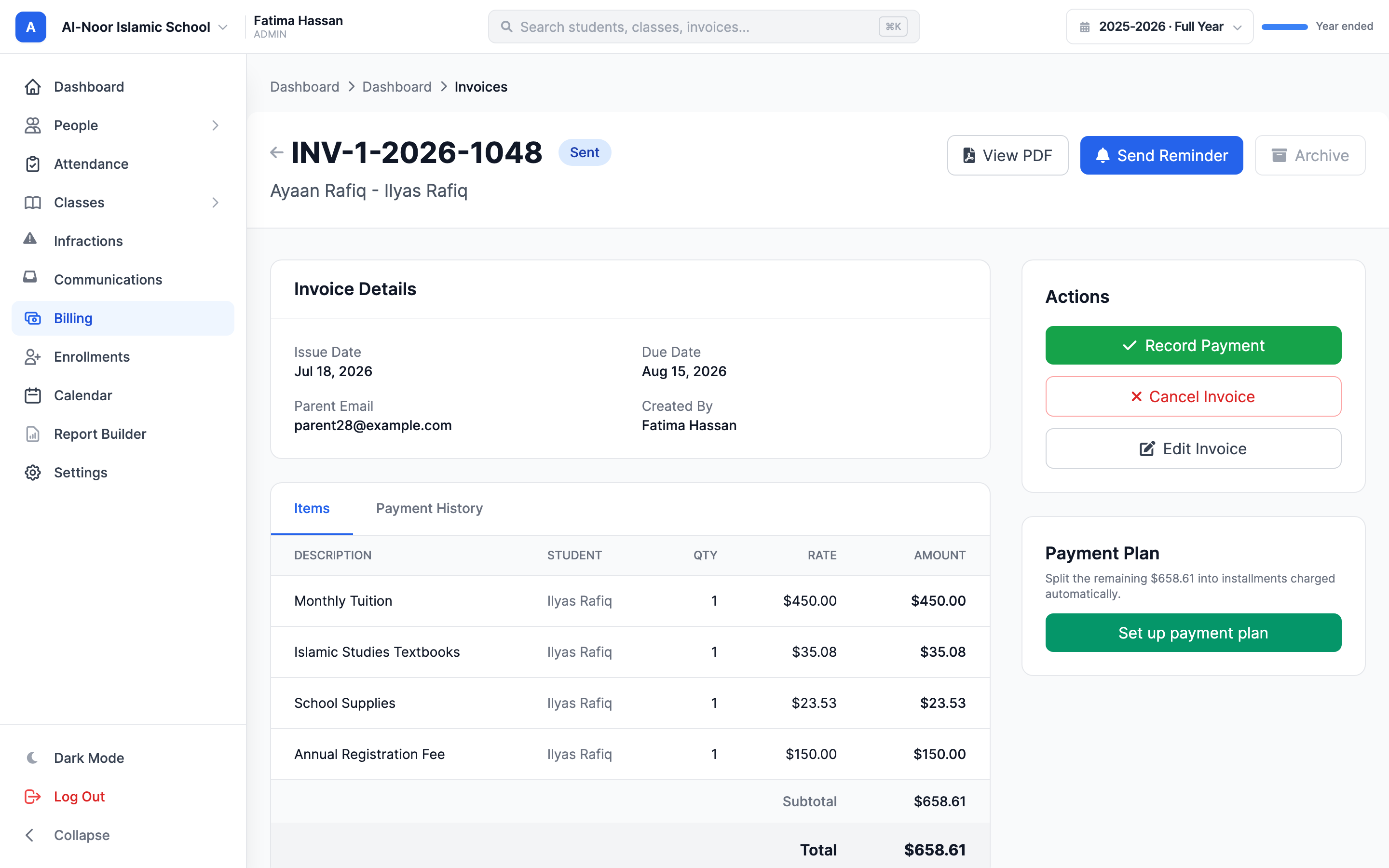 An invoice detail page showing the invoice header with amount and status, the Invoice Details and line items in the middle, and the Actions panel on the right with the green Record Payment button, a Cancel Invoice button, and an Edit Invoice button.