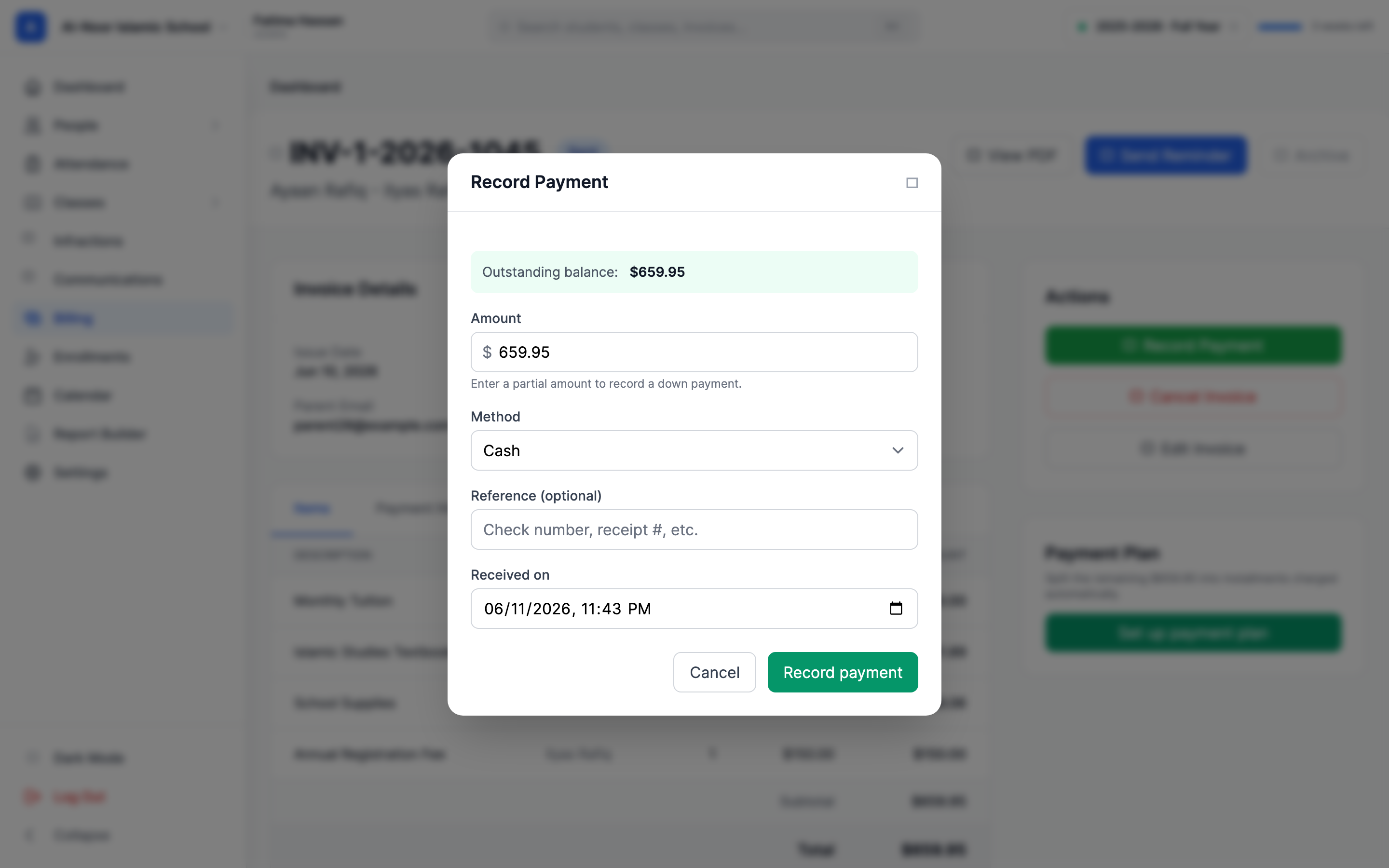 The Record Payment panel open over the invoice, showing the Outstanding balance at the top, the Amount field pre-filled with the balance, the Method dropdown set to Cash, the optional Reference field, the Received on date-time field, and the green Record payment button.