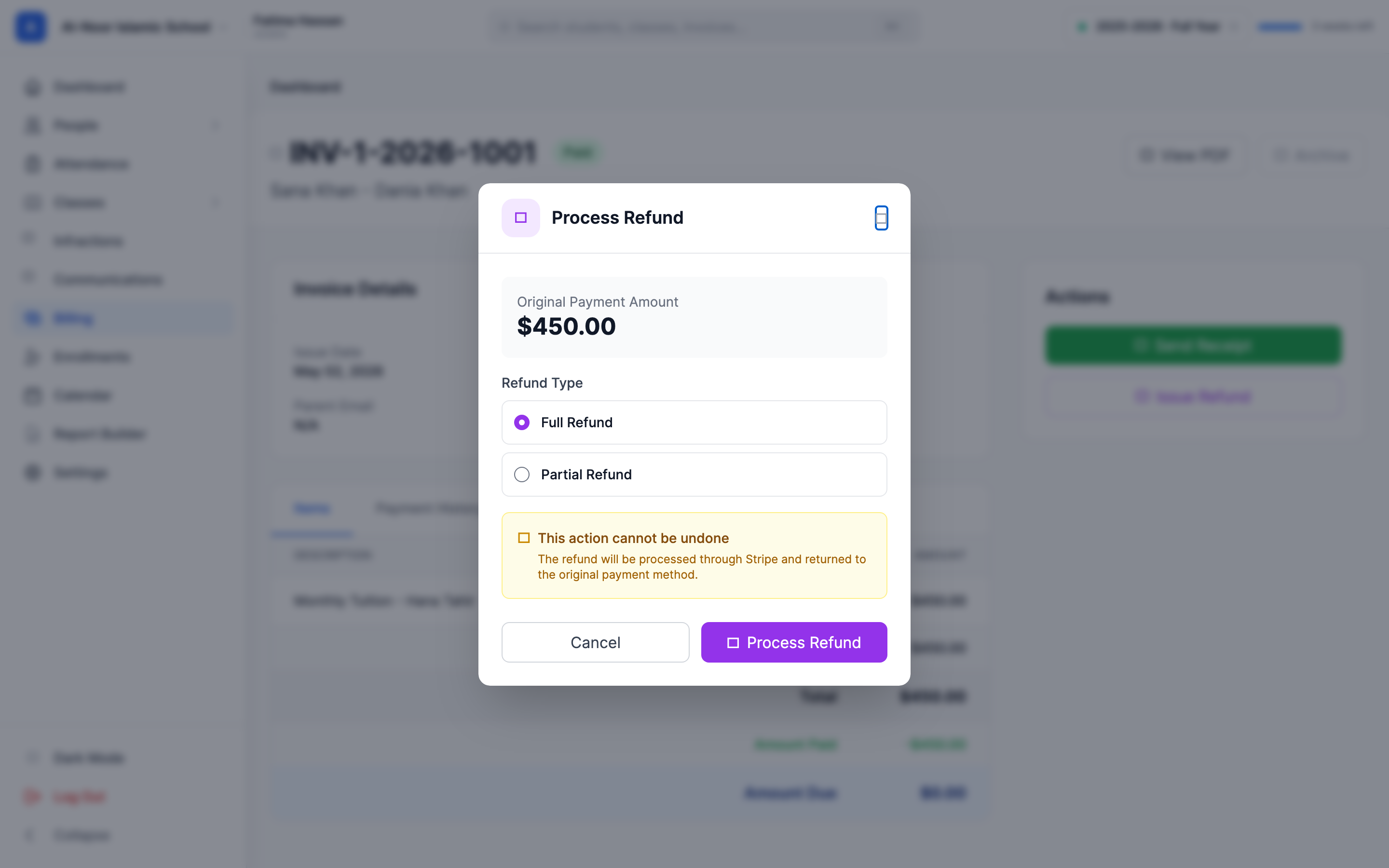 The Process Refund window over a paid invoice, showing the Original Payment Amount, the Full Refund and Partial Refund radio options, the Refund Amount field, a yellow 'This action cannot be undone' warning explaining the refund goes back through Stripe, and the purple Process Refund button.