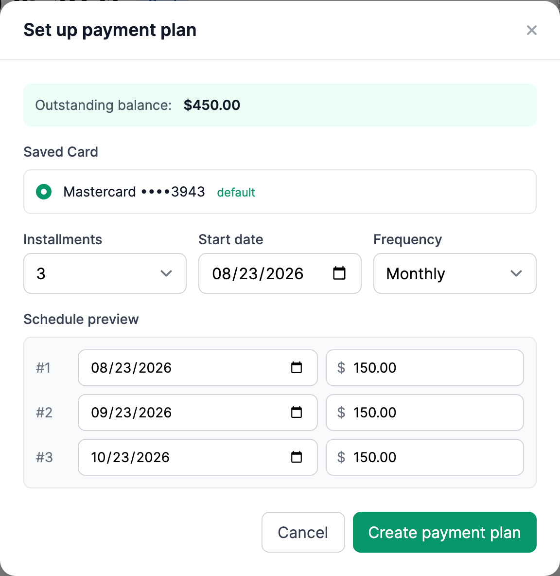 The Set up payment plan window showing the outstanding balance, the Installments, Start date, and Frequency selectors, and a Schedule preview listing each installment's date and amount.