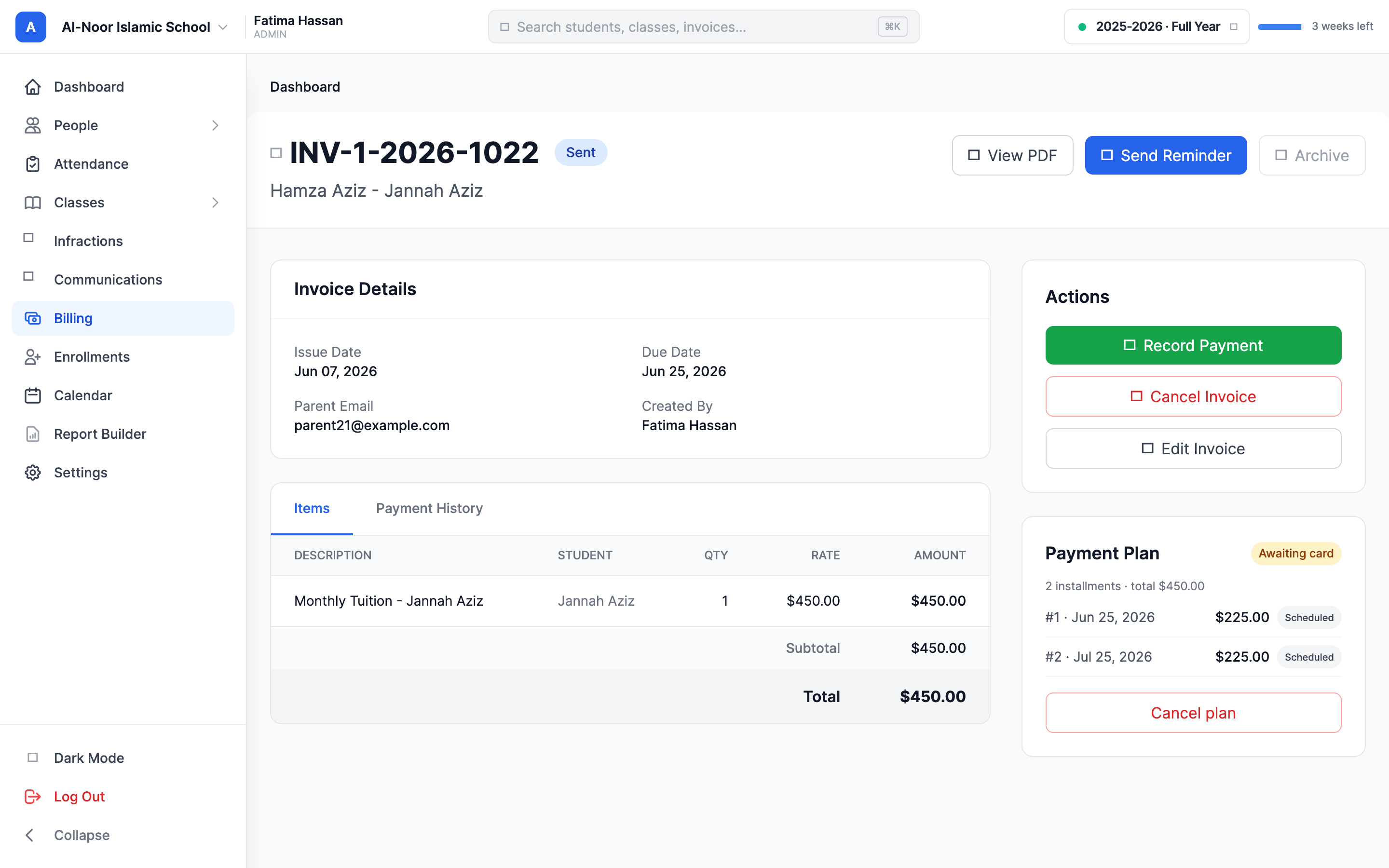 The Payment Plan card on an invoice showing an Awaiting card badge, the installment count and total, and a list of each installment's sequence number, due date, amount, and status, plus a Cancel plan button.