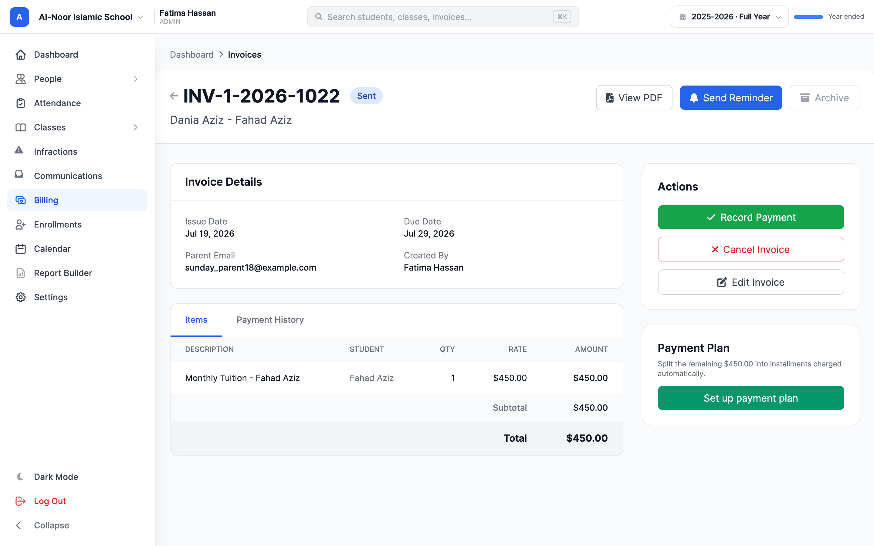 The Payment Plan card on an invoice showing an Awaiting card badge, the installment count and total, and a list of each installment's sequence number, due date, amount, and status, plus a Cancel plan button.