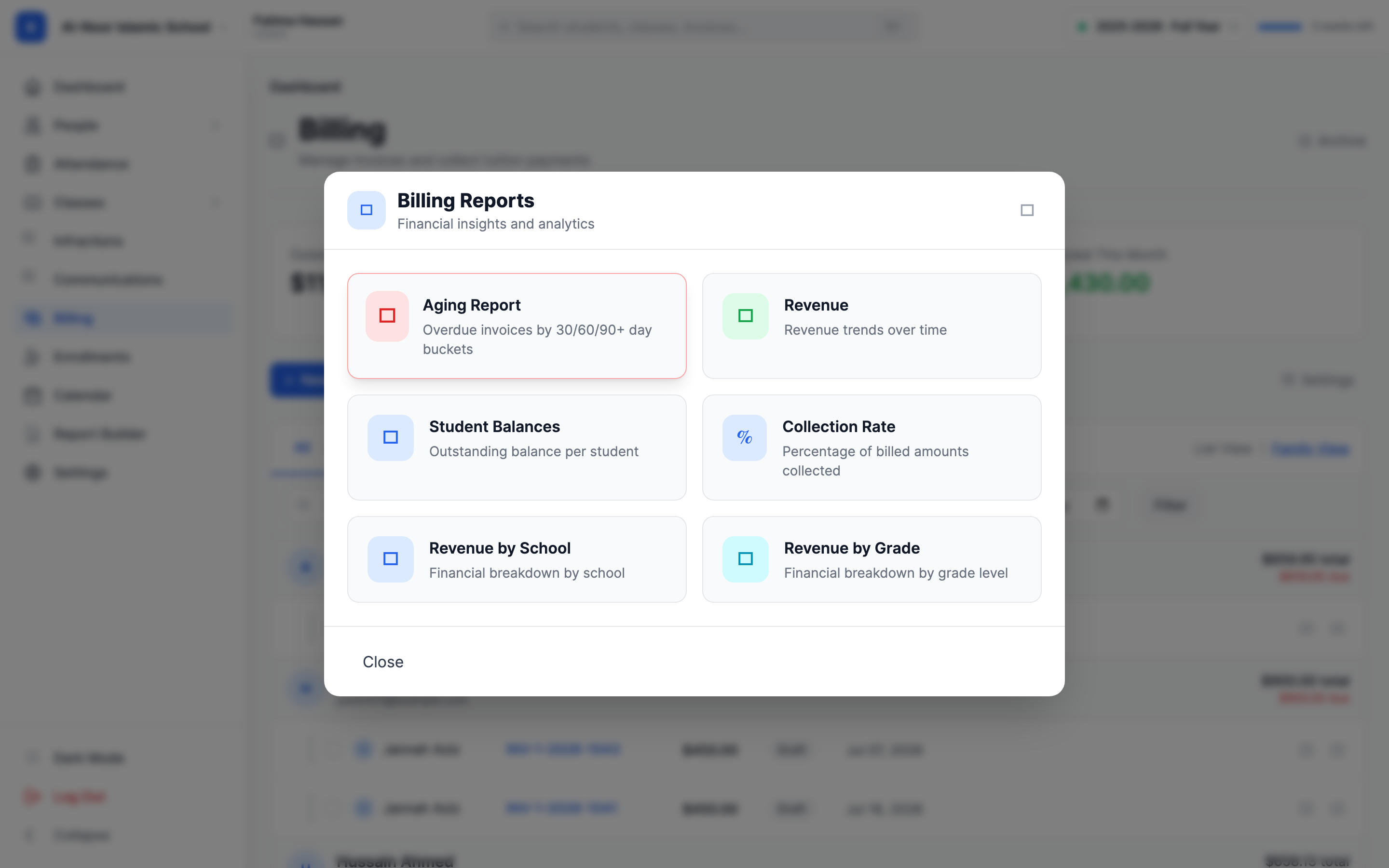 The Billing Reports window showing six cards: Aging Report, Revenue, Student Balances, Collection Rate, Revenue by School, and Revenue by Grade, each with an icon and a one-line description.