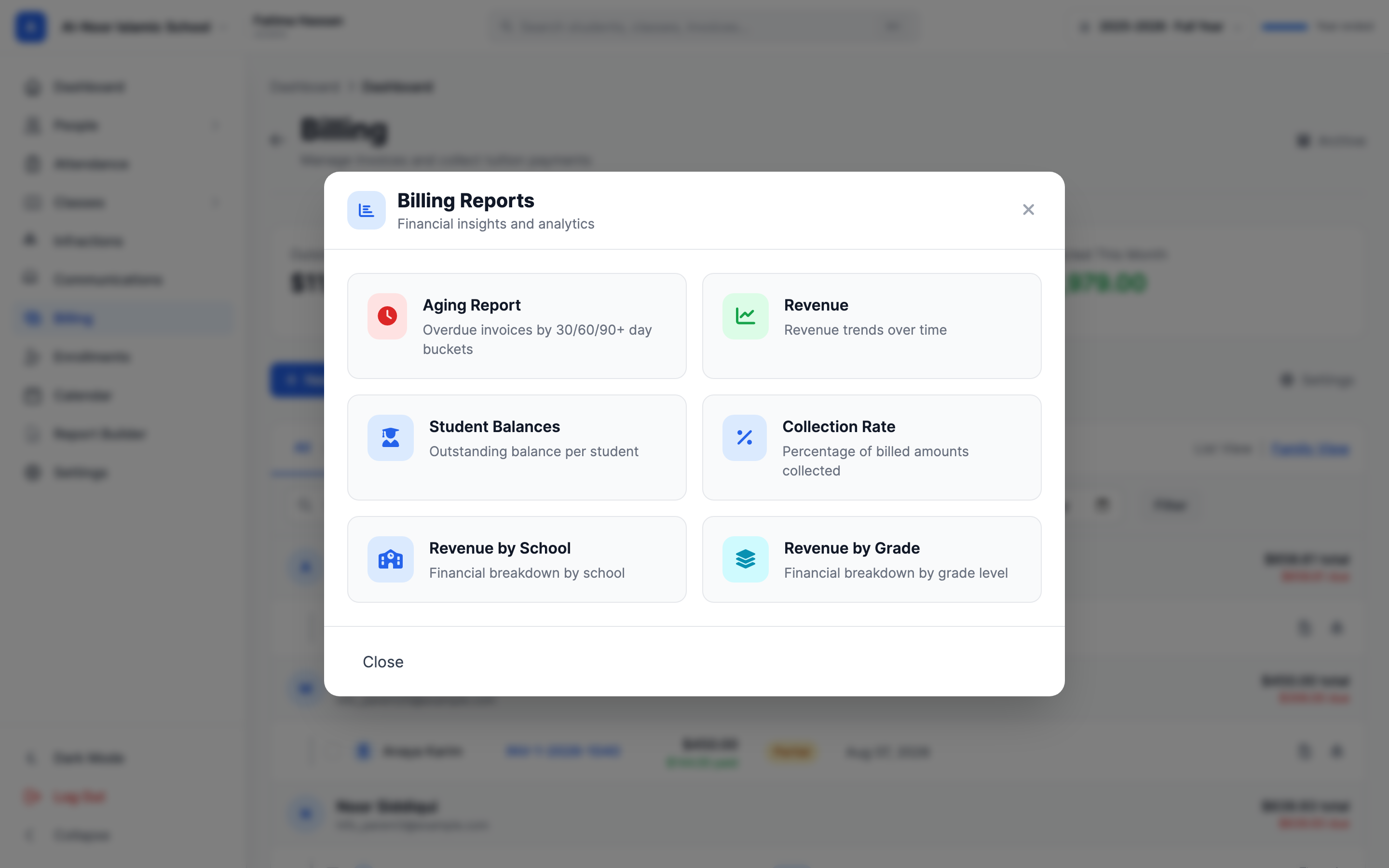 The Billing Reports window showing six cards: Aging Report, Revenue, Student Balances, Collection Rate, Revenue by School, and Revenue by Grade, each with an icon and a one-line description.