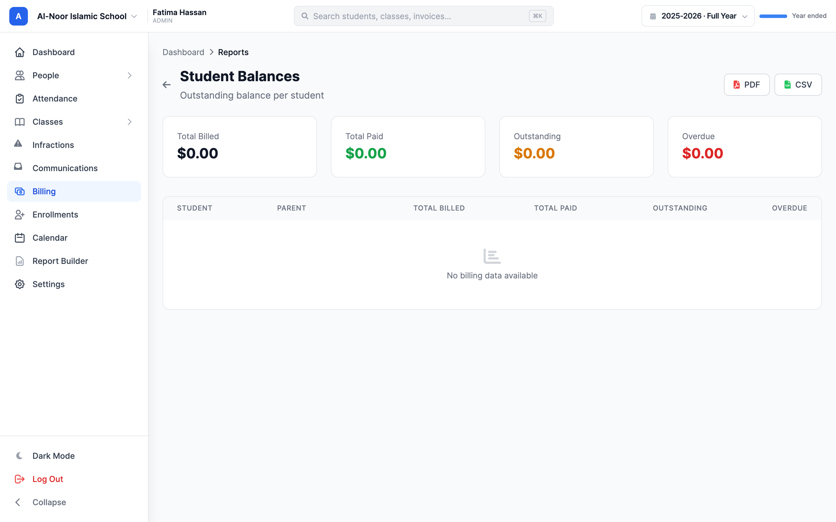 The Student Balances report showing a table with Student, Parent, Total Billed, Total Paid, Outstanding, and Overdue columns, one row per student.