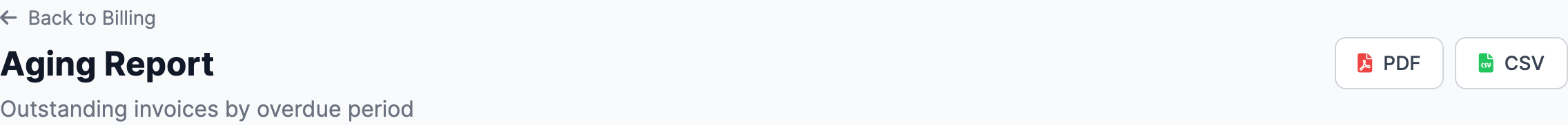 Close-up of the PDF and CSV export buttons in the top-right corner of a billing report page.