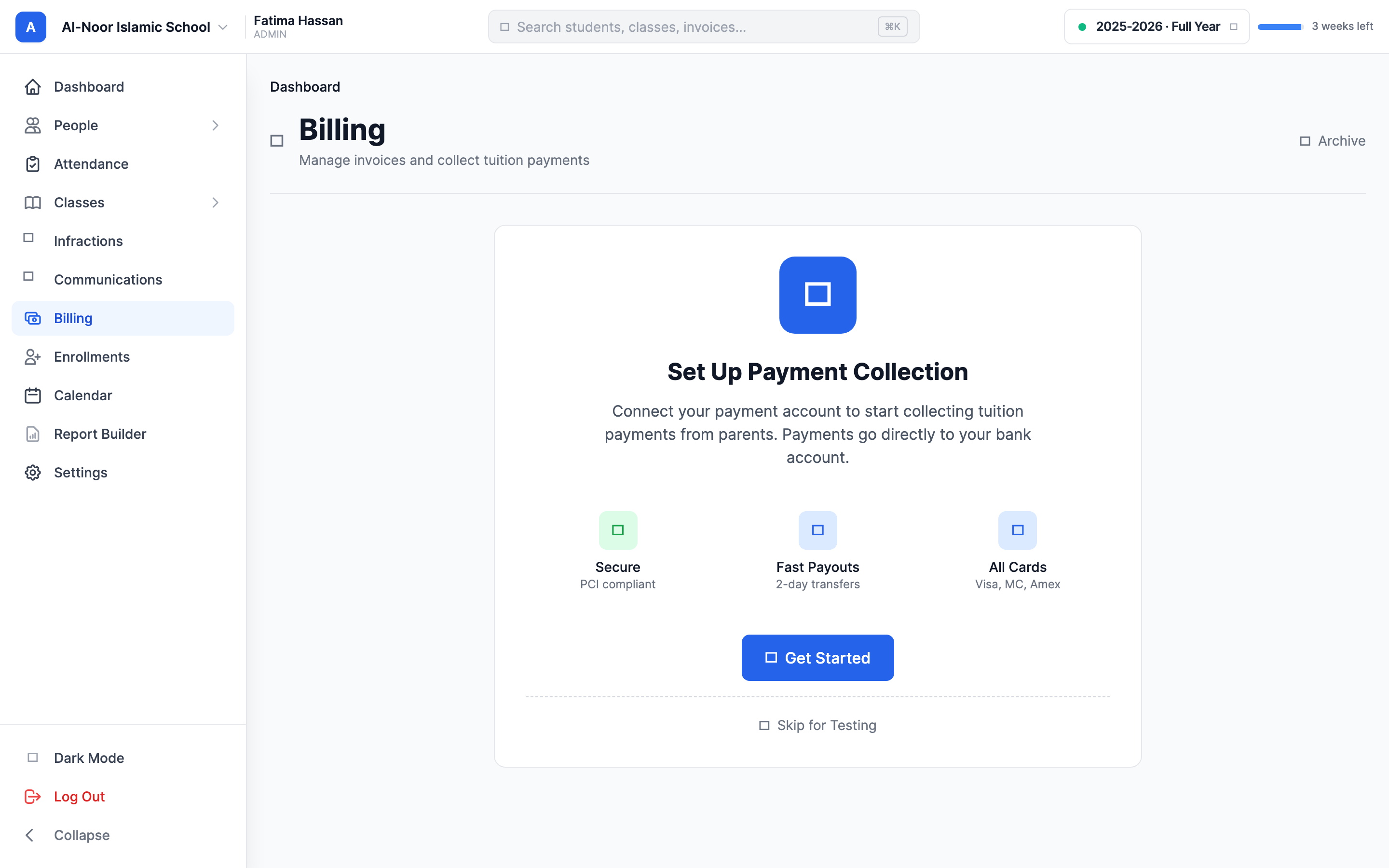 The Billing page showing the Set Up Payment Collection card with Secure, Fast Payouts, and All Cards highlights and a blue Get Started button.
