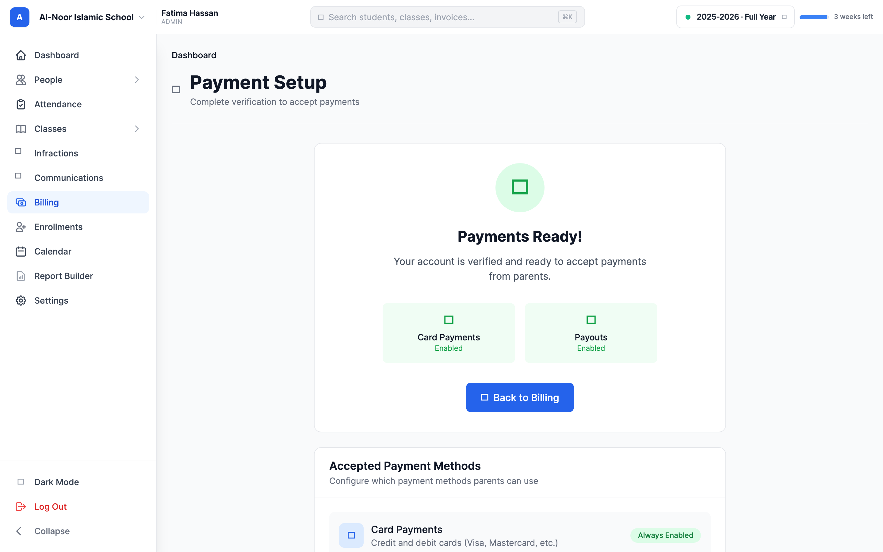 The Payment Setup page with the embedded Stripe onboarding form loading inside MarkTrack, and a footer reading 'Secured by Stripe - PCI DSS Level 1 Certified'.